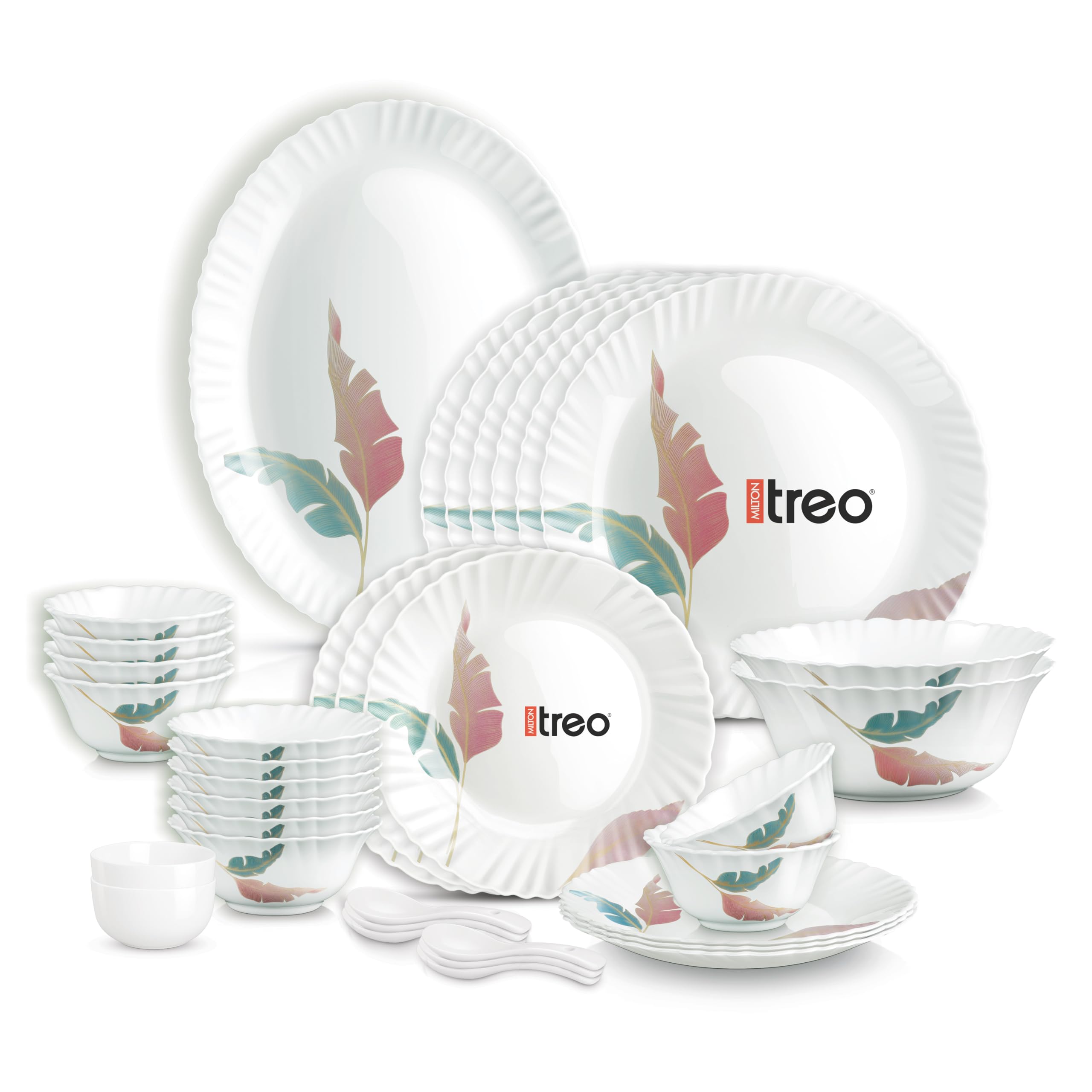 Treo by Milton Opalware Aurelia Palma Dinner Set of 35 | Serving for 6 | Microwave & Dishwasher Safe | Bone-Ash Free | Tempered Toughness | Plates, Bowls, Spoons | Crockery Set for Dining & Gifting-image-47