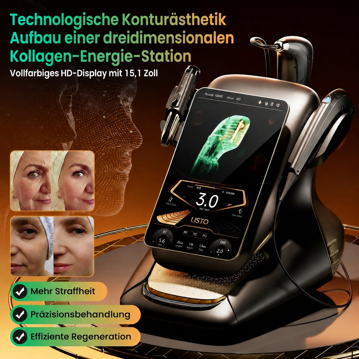 3-in-1 Anti-Aging-Gerät mit RF, EMS und Ultraschall, Faltenentfernung, Hautstraffung und Anti-Schwellungen, 15,1-Zoll-HD-Touchscreen