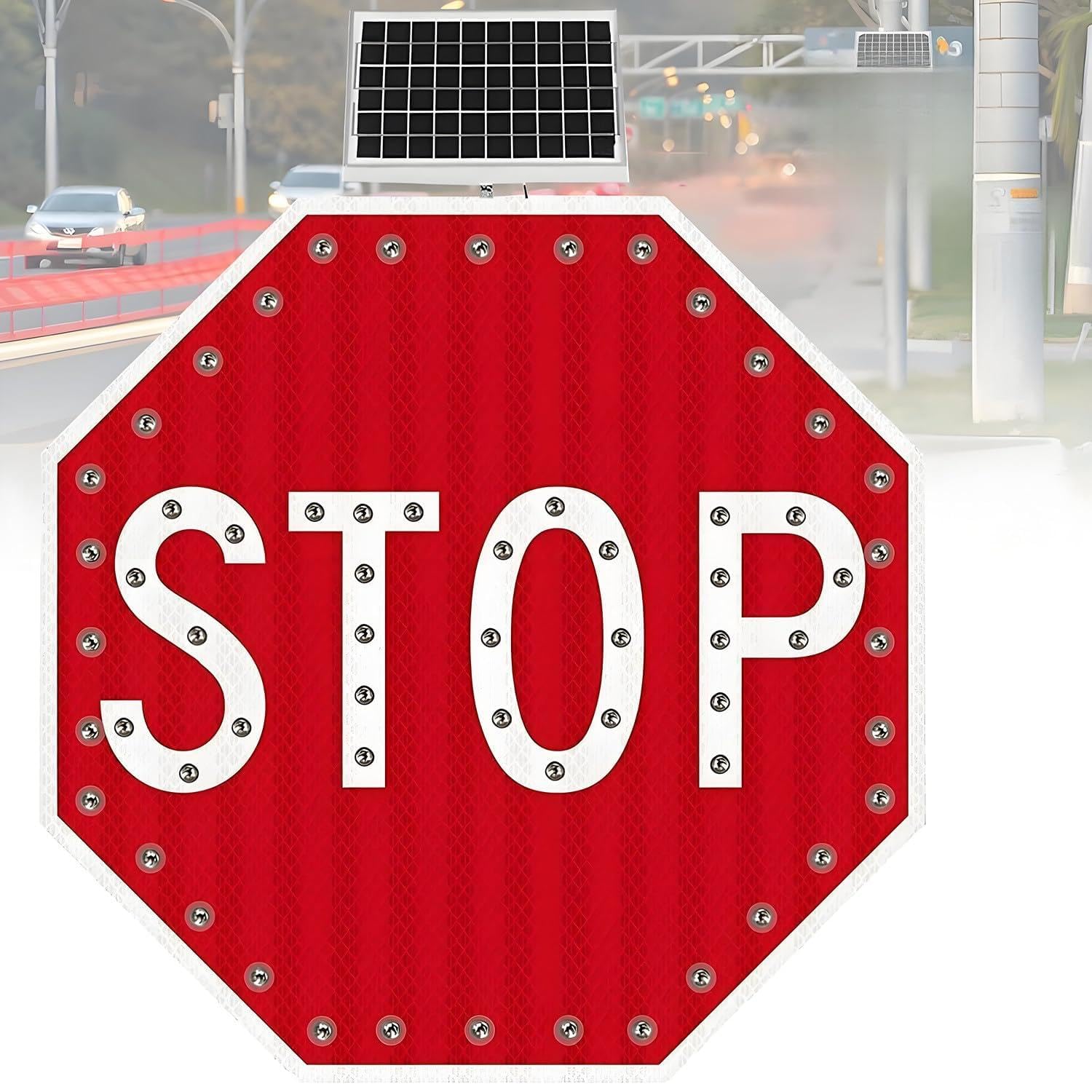 Señal de Stop Solar, señal de Stop LED Intermitente con energía Solar, señales de tráfico octagonales de Aluminio, LED Intermitentes para Calle, Resistente al Agua IP65 60 * 60cm
