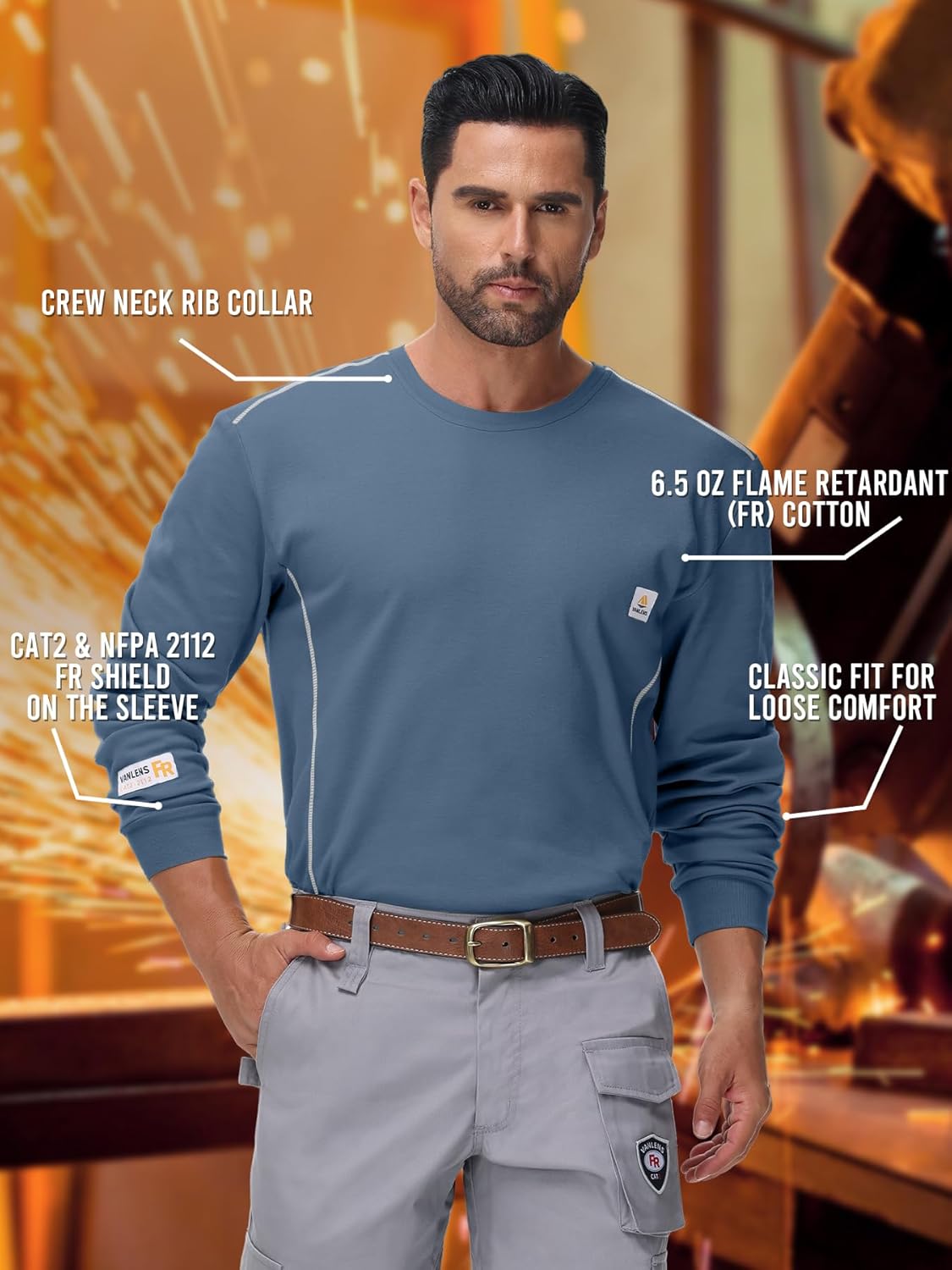 FR Shirts for Men CAT2/HRC2 6.5oz Lightweight Fire Resistant Shirts for Men Long Sleeve Crewneck T-Shirt - Image 3