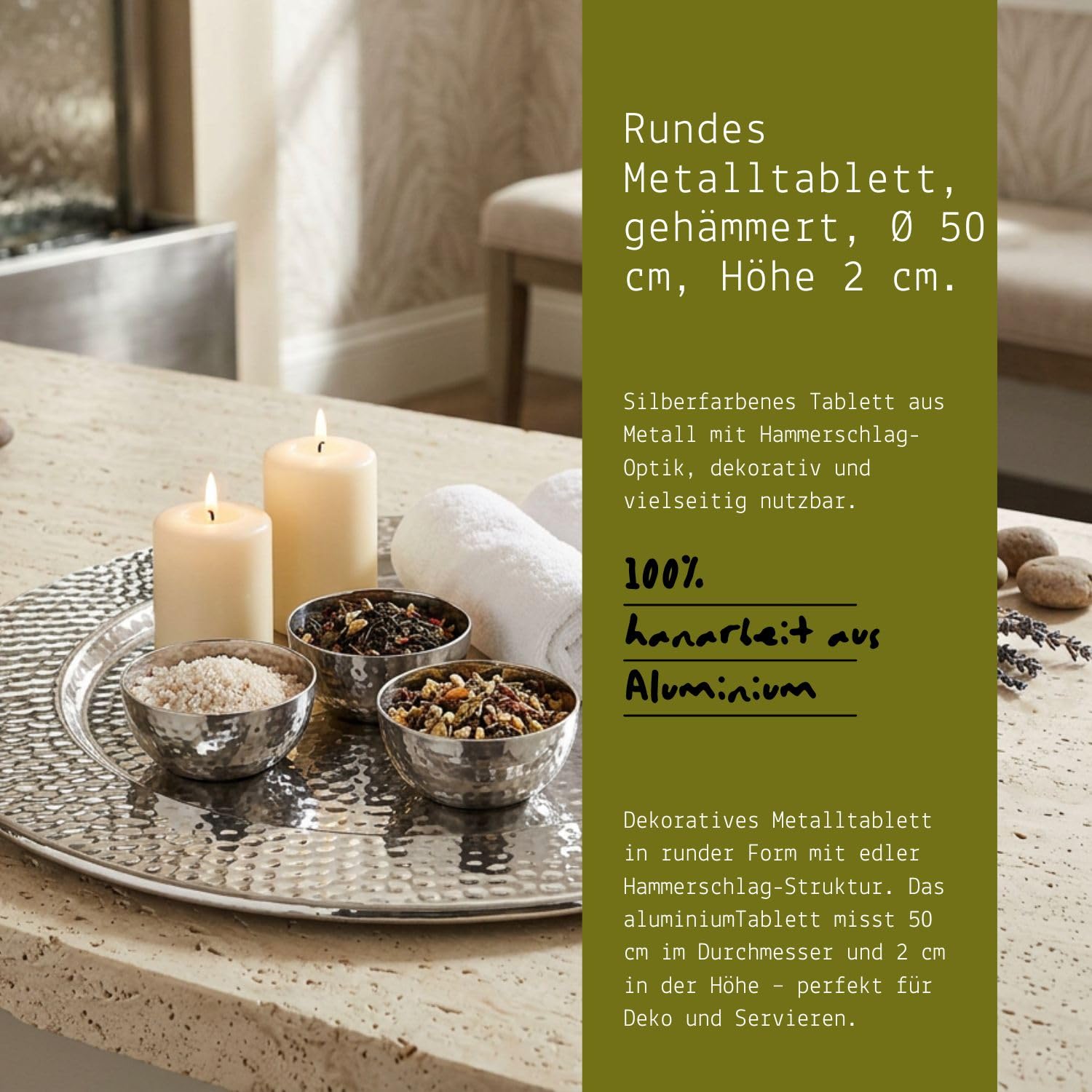 Bandeja para servir de diseño Nizza hecha a mano de aluminio en plata, 50 cm