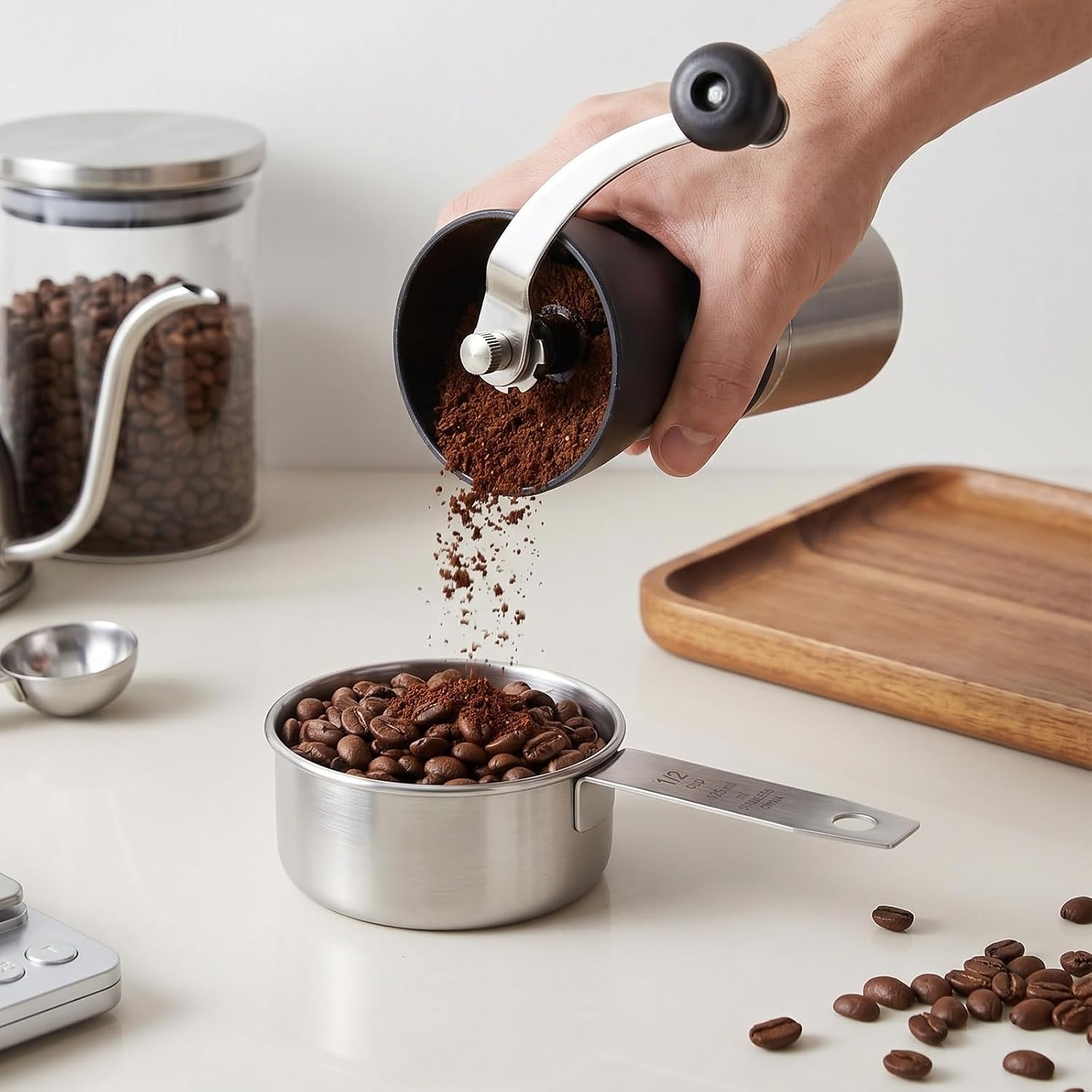 12-Pack Stainless Steel Measuring Cup Set, 125ml 1/2 Cup Metal Scoops, Food-Grade Kitchen Cups for Coffee, Baking, Cooking, Pet Food, Easy-Grip Handle, 1.3in Tall x 5.5in Long x 2.9in Wide