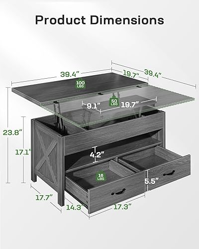 Vista 2 de Marsail Mesa auxiliar elevable, mesa central multifuncional 4 en 1 con compartimento oculto, 2 cajones y estante abierto, altura ajustable para sala