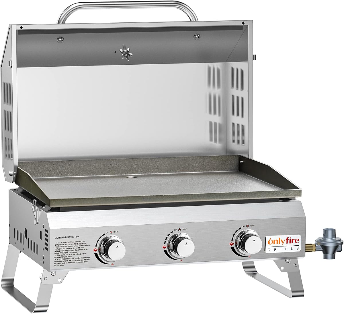 ONLYFIRE GRILLS Tabletop Gas Griddle 3 Burners, Propane Gas Stove, GS309 | Portable Flat Top Griddle for 1lb/20lb Propane, Outdoor Cooking Patio BBQ Camping Tailgating RV, Stainless Steel 24000BTU