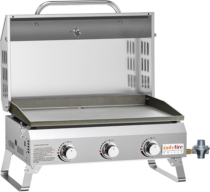 ONLYFIRE GRILLS Tabletop Gas Griddle 3 Burners, Propane Gas Stove, GS309 | Portable Flat Top Griddle for 1lb/20lb Propane, Outdoor Cooking Patio BBQ Camping Tailgating RV, Stainless Steel 24000BTU