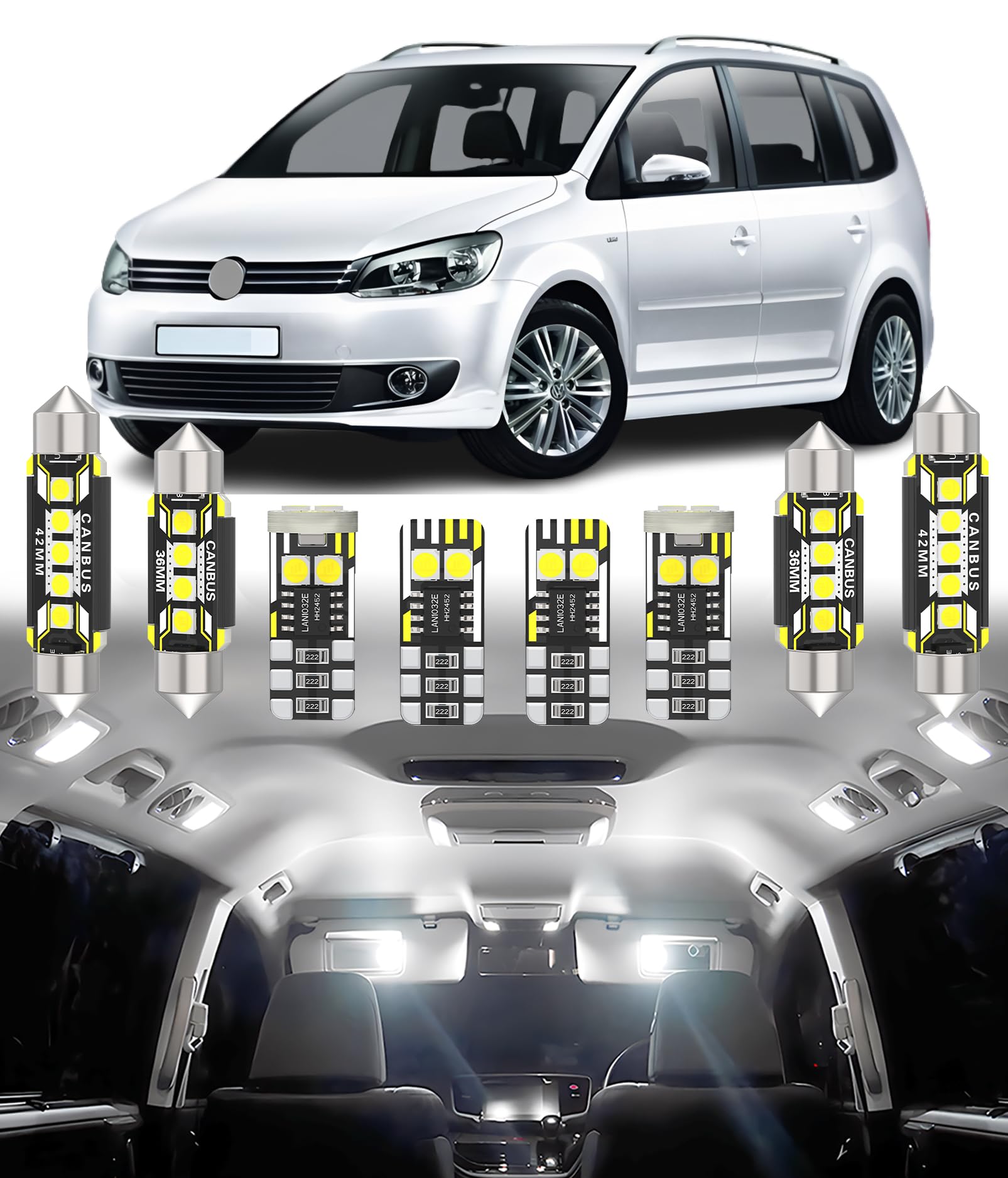 BMT xms 15pz Kit di Luci LED per Interni per Volkswagen VW Touran 1T3 2011-2015, Lampadine LED per Interni Auto e Camion 6000K Bianco Luminoso