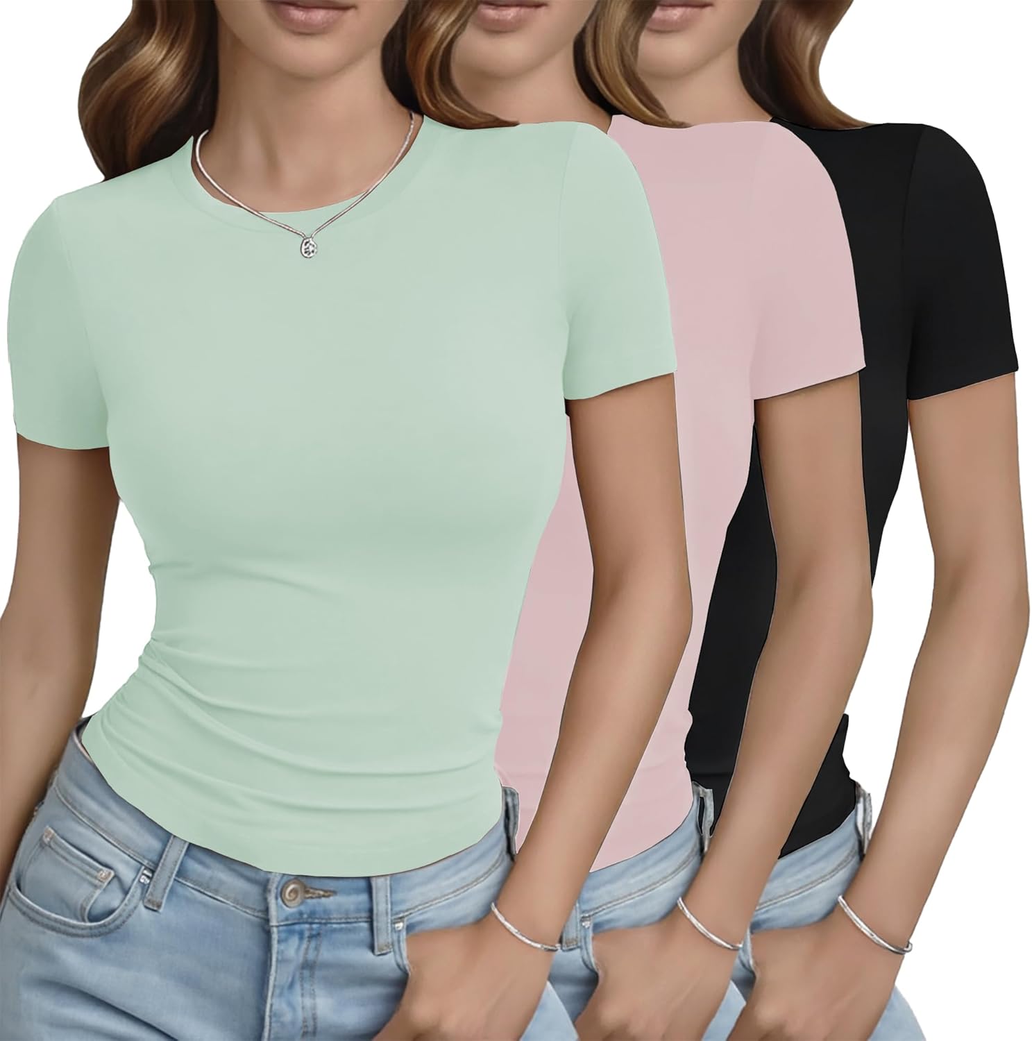 GAYHAY 3 Pack Basic Tees for Women - Crew Neck Slim Fit Tight T Shirts Cute Y2K Trendy Crop Tops Clothes for Casual Summer