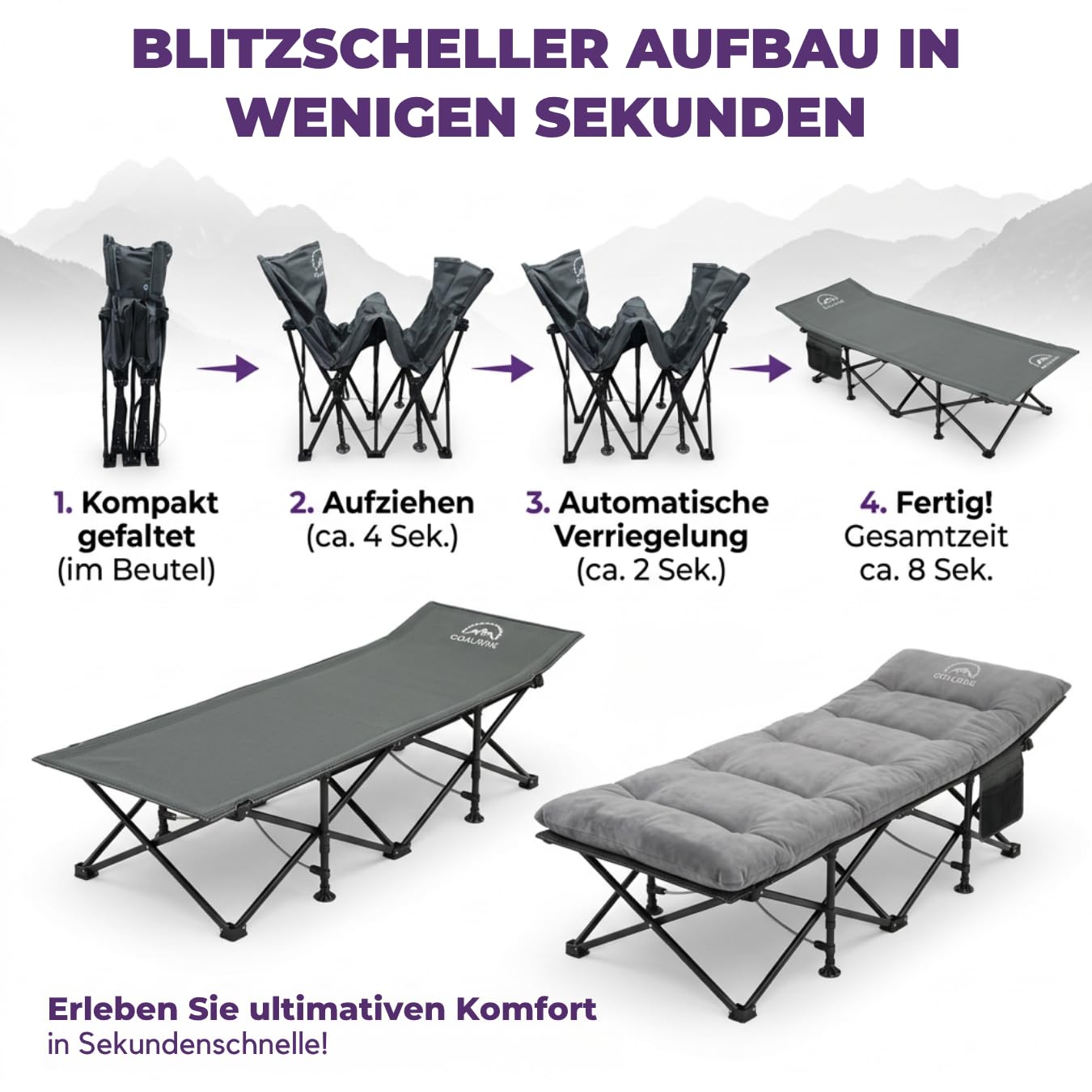 GOALPINE® OASE | Feldbett Groß mit Matratze [Wildtierleder Imitat] & Kissen | für Camping | klappbar | Campingbett XXL | als Gästebett und im Garten nutzbar | 1 Person bis zu 200 kg | extra breit
