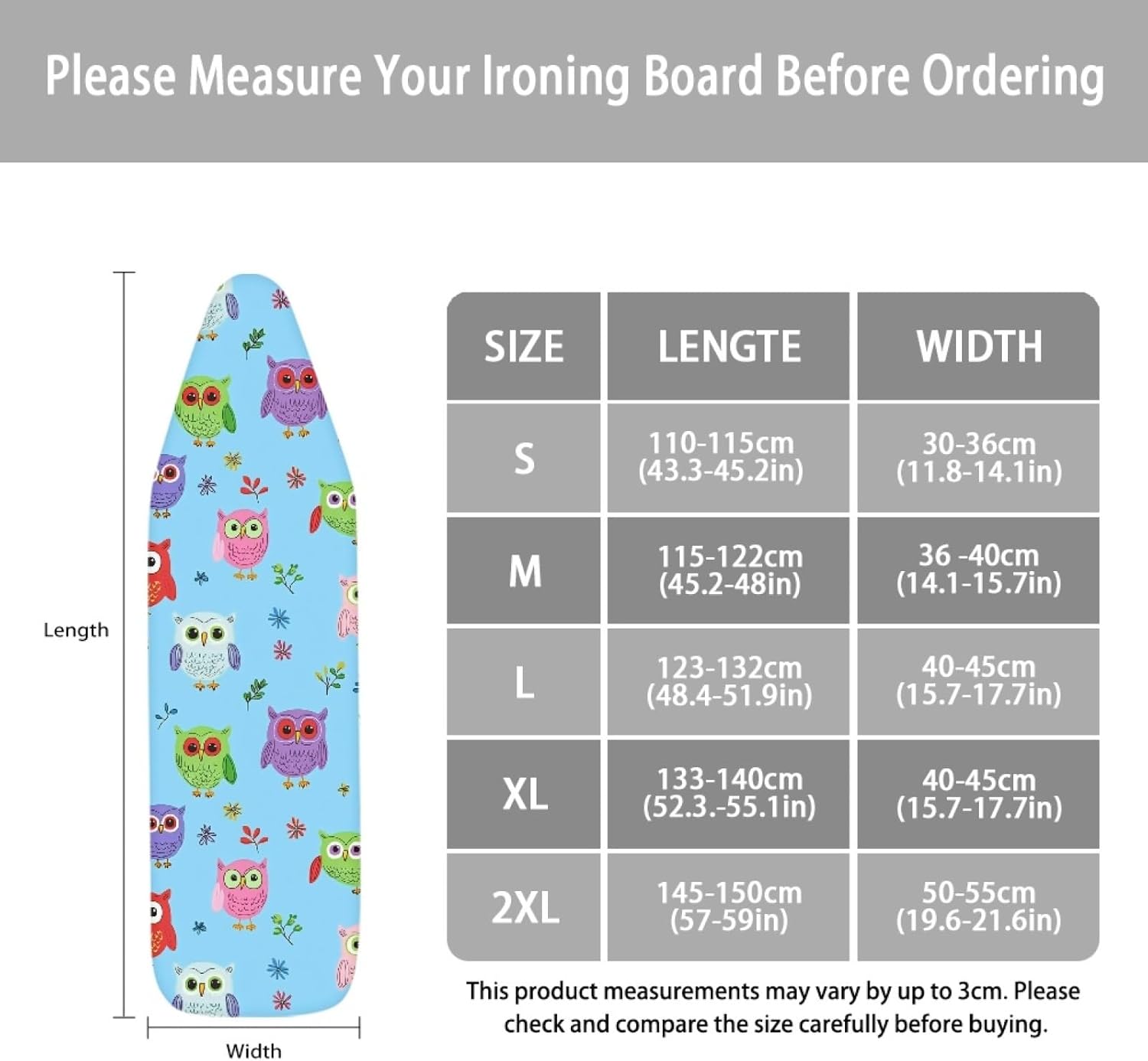 Ironing Board Cover 14x48 Owl Purple Green Iron Board Cover with Padding Heat Reflective,Scorch Resistant Thick Padding,Snug Fit Non-Slip Nose Pocket Fastener Straps Elastic Edges