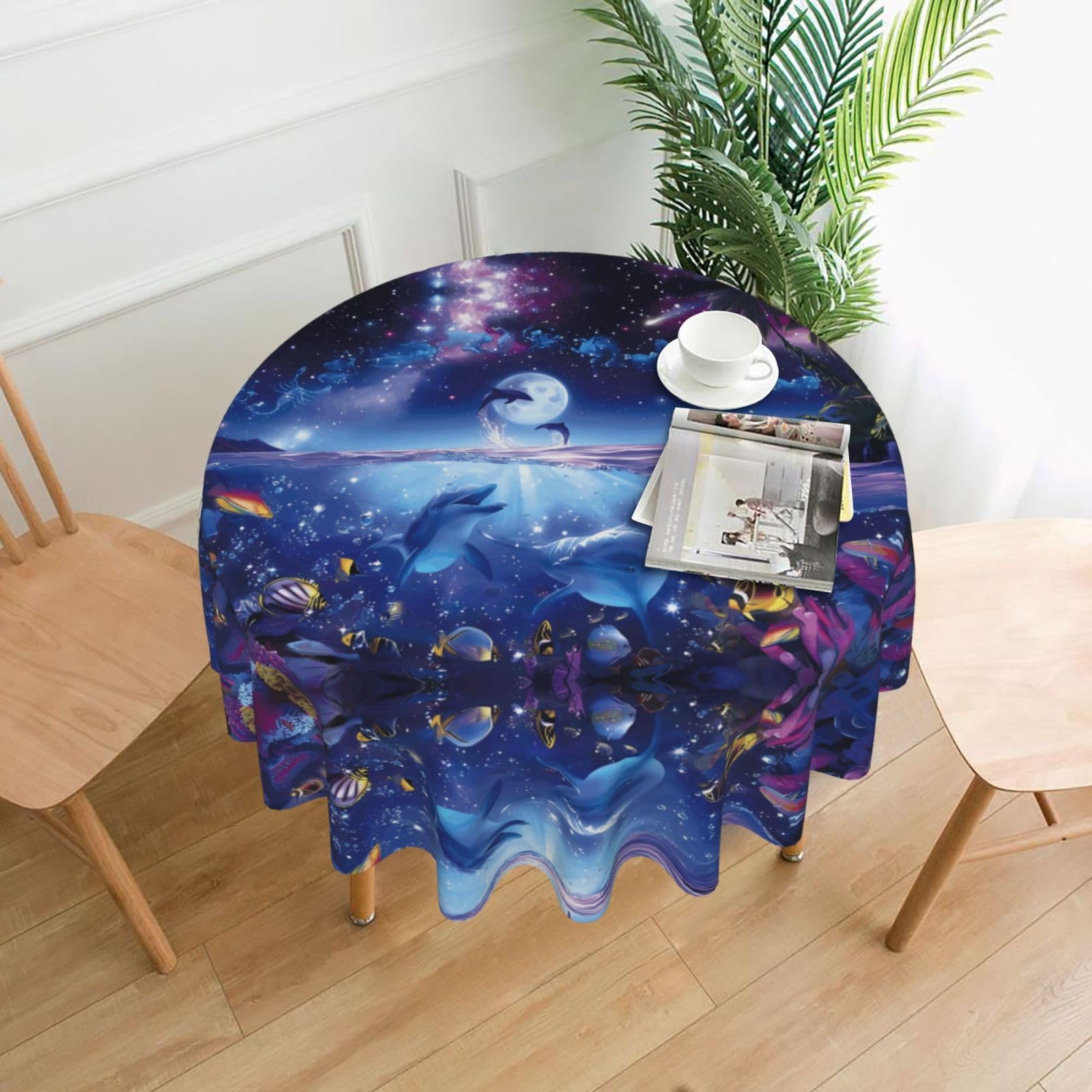 YYHHAOFA Colorful Starry Sky Ocean Dolphin Prints 60in Round Decorative Tablecloth – High-Grade Polyester Throw Cover for Dining, Parties, and Outdoor Events