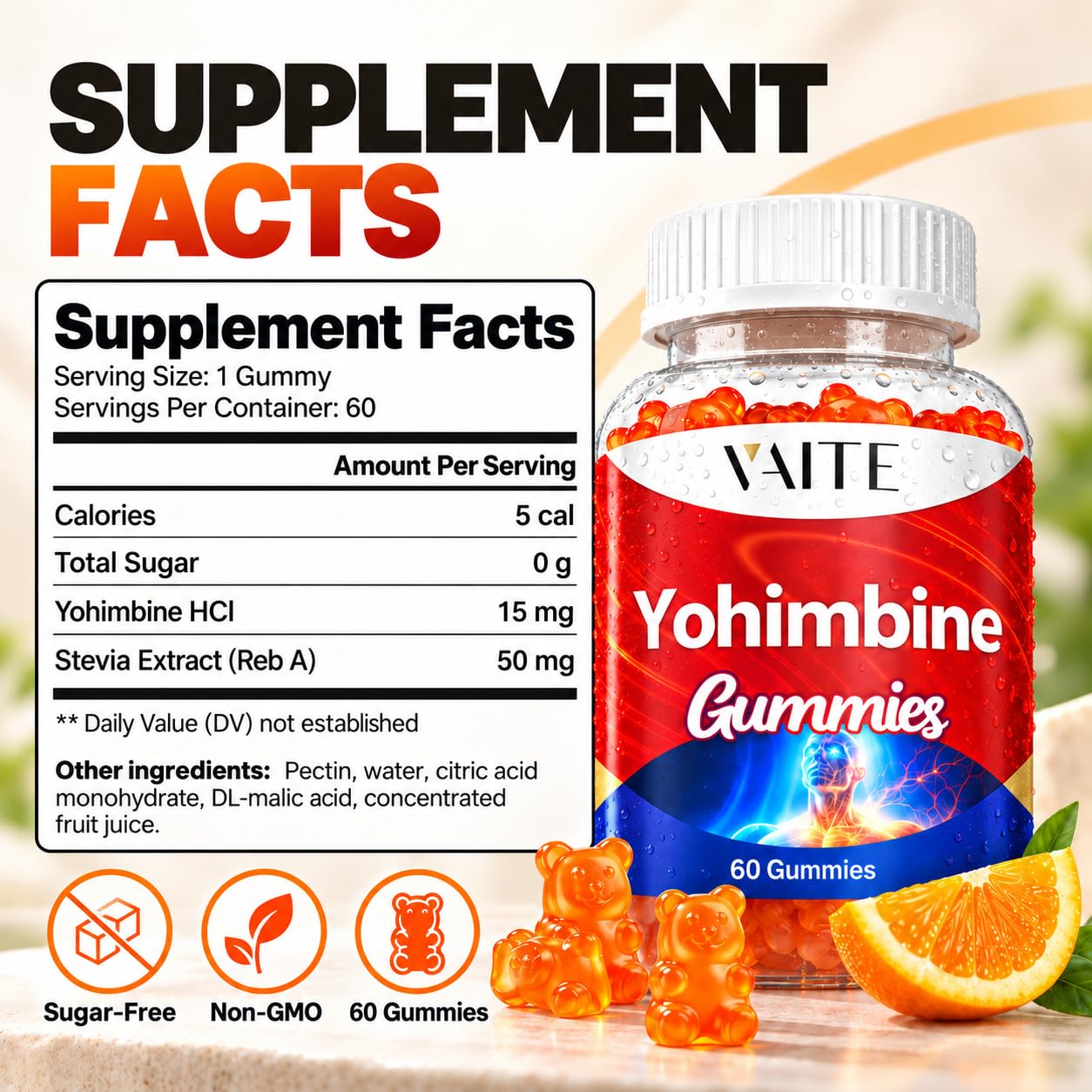 VAITE Yohimbine HCl Gummy 15mg - Sugar-Free, Non-GMO Energy & Endurance Support for Men and Women, Antioxidants, Yohimbe Bark Extract, Improve Performance - Supports Energy Production - 60 Gummies — Amazon image 3
