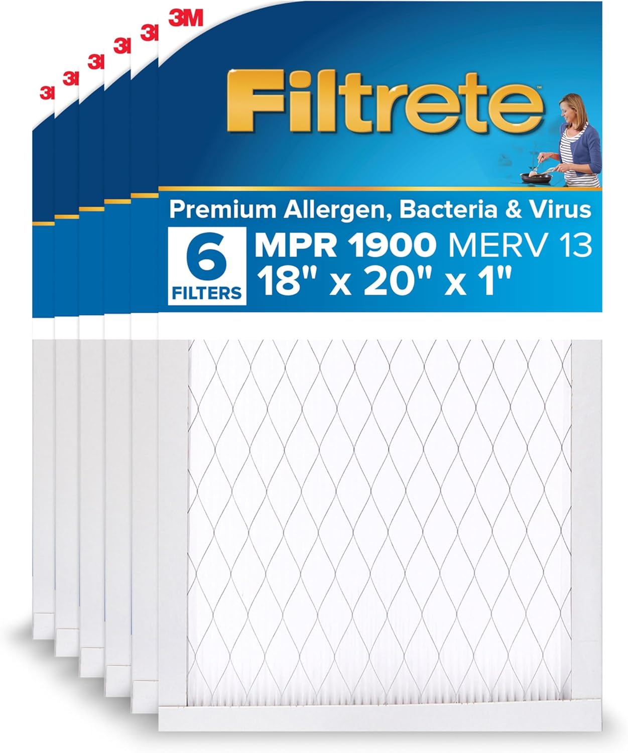 Filtrete 18x20x1 AC Furnace Air Filter, MERV 13, MPR 1900, Premium Allergen, Bacteria & Virus Filter, 3-Month Pleated Electrostatic Air Cleaning Filter, 6-Pack (Actual Size 17.81x19.81x0.81 in)