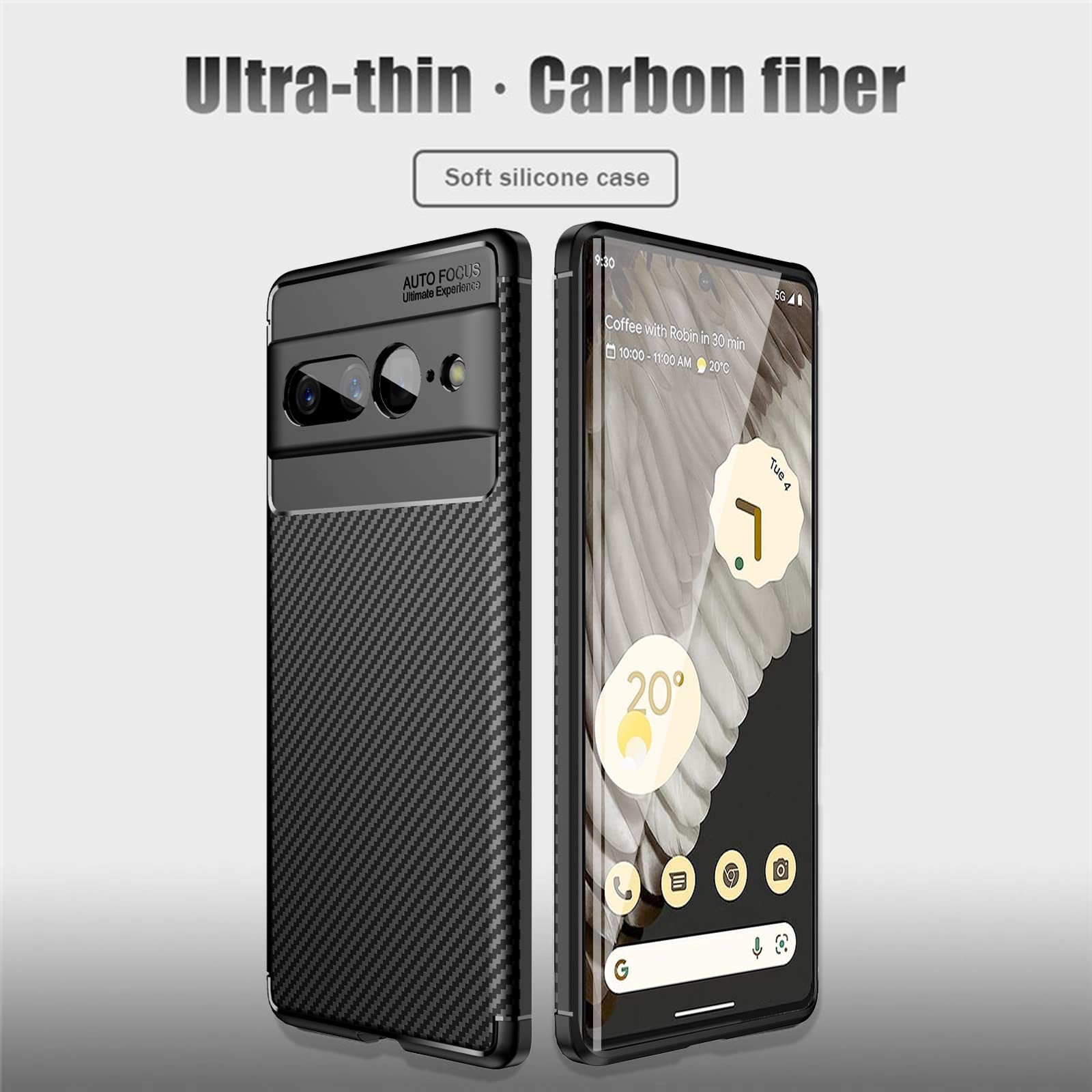 Cover Per Google Pixel 7 Con Texture Carbonio + 3 Vetri Temperati - Custodia Morbida In Silicone Nero Sottile E Antiurto