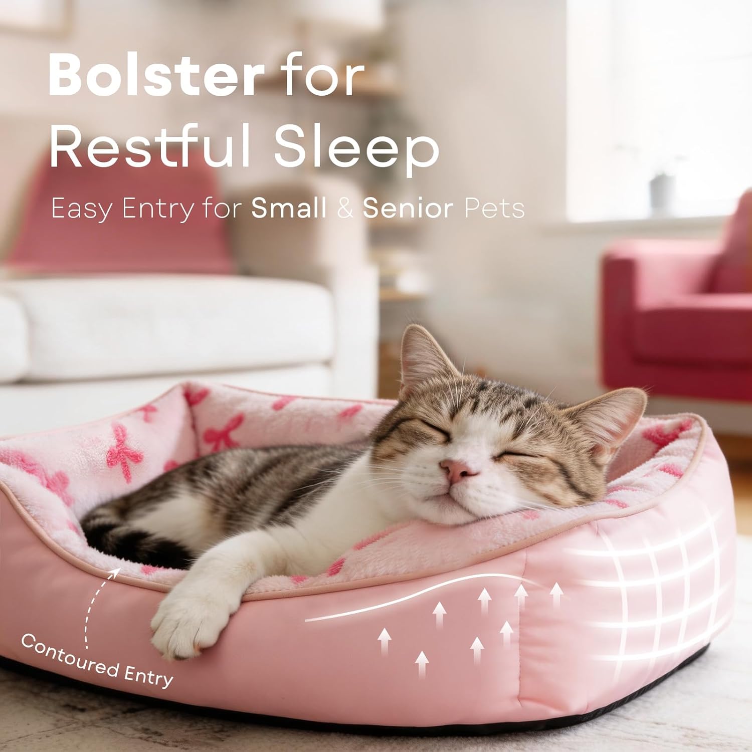 Mora Pets Reversible Cat Bed for Indoor Cats and Small Dogs Washable - Cool & Warm 2-in-1 Anti Anxiety Calming Pet Bed for Summer, Rectangle Puppy Bed with Cute Pink Bow (20″x19″x6″)