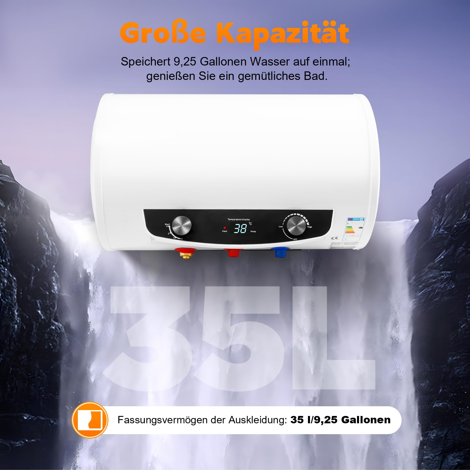 Elektrospeicher Warmwasserspeicher, Elektrischer Tank-Wassererhitzer 220V 2000W Durchlauferhitzer mit Handbrause und Schlauch Horizontal Boiler 25–75 °C für Badezimmer (50, Liter)