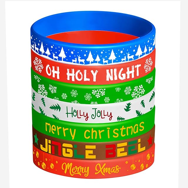 FEPITO 42 Pieces Christmas Silicone Wristbands Rubber Band Bracelets for Christmas Party Decoration Supplies 7 Merry Xmas Style