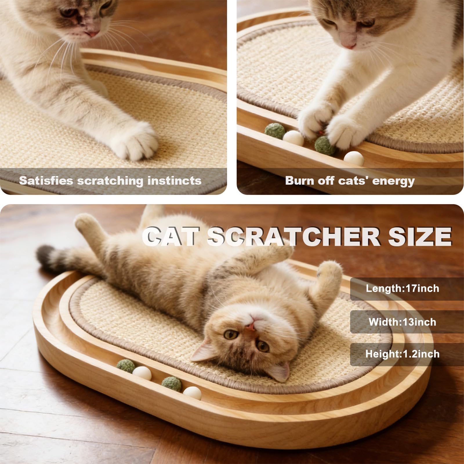 HLSM KJ - Rascador de sisal para gatos, almohadilla rascadora de sisal Natu, bola de juguete interactiva de madera para gatos, bola de hierba gatera, para perseguir gatos, caza, rompecabezas de