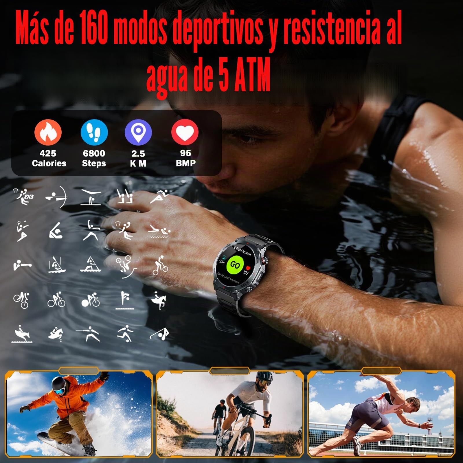 Reloj Inteligente Hombre con GPS, 1.43" AMOLED Militar Smartwatch con Llamadas Bluetooth/Podómetro/Monitoreo de Sueño/Pulsómetro/SpO2, 5ATM smart watch 160+ Deportes Pulsera Actividad para Android iOS