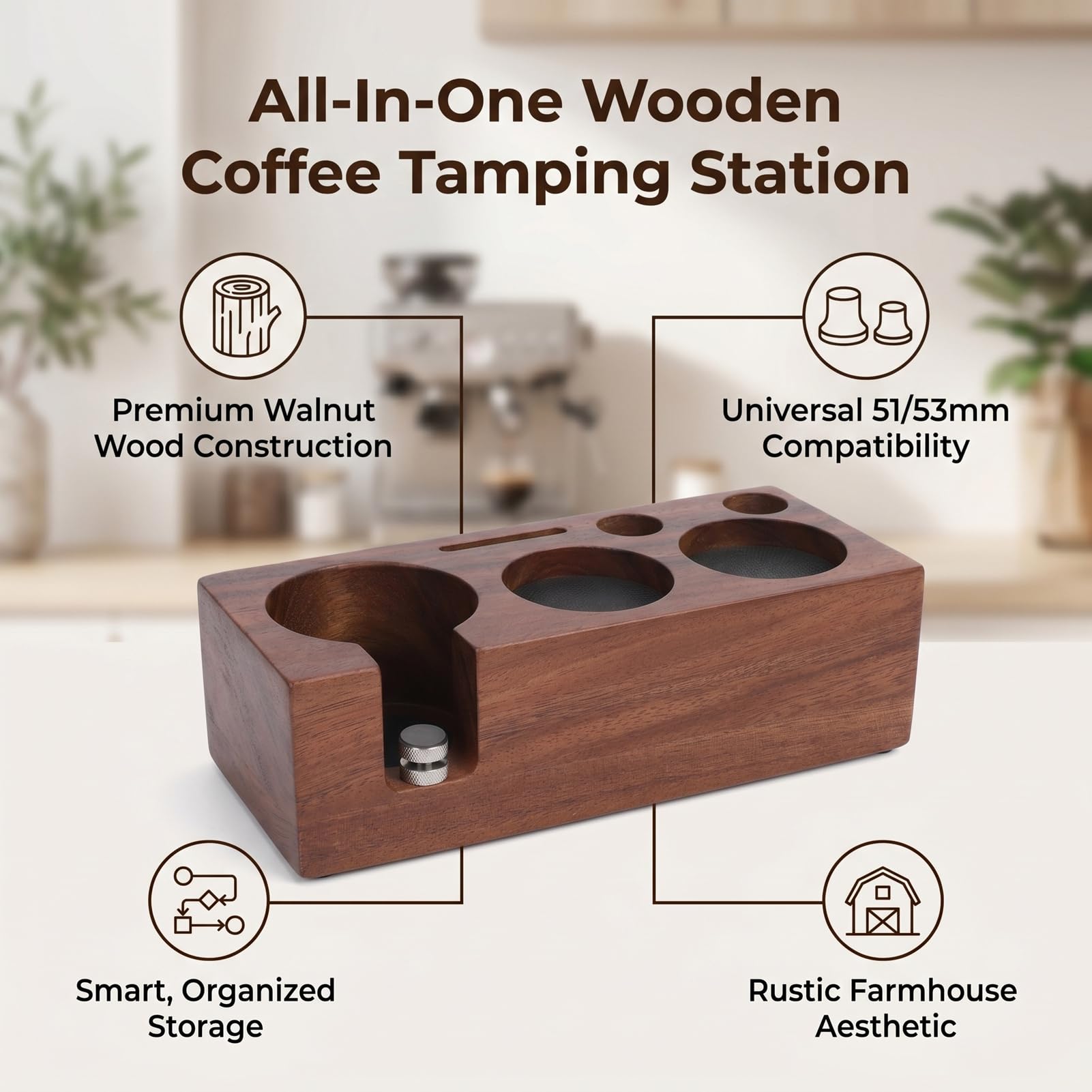Naroote 51 Mm 53 Mm Espresso-Tampingstation, Walnuss-Kaffeezubehör-Organizer mit Effizienter Aufbewahrung, Platzsparender und Rutschfester Basis für Heim-Baristas