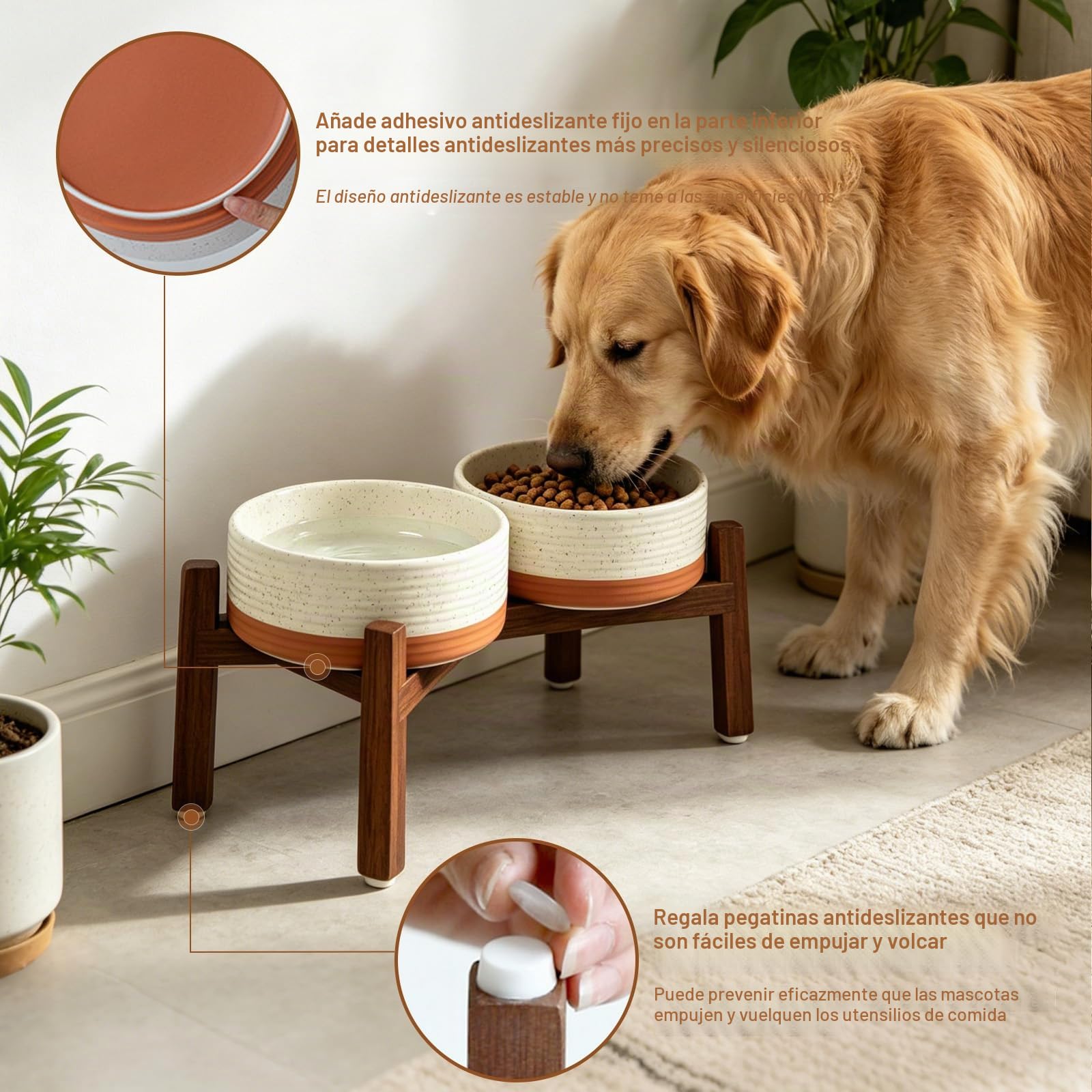 Comedero para perros de cerámica elevada con doble cuenco y soporte de madera de acacia, altura ajustable, para comida y agua, para perros pequeños a medianos, antideslizante, 850ml, Blanco