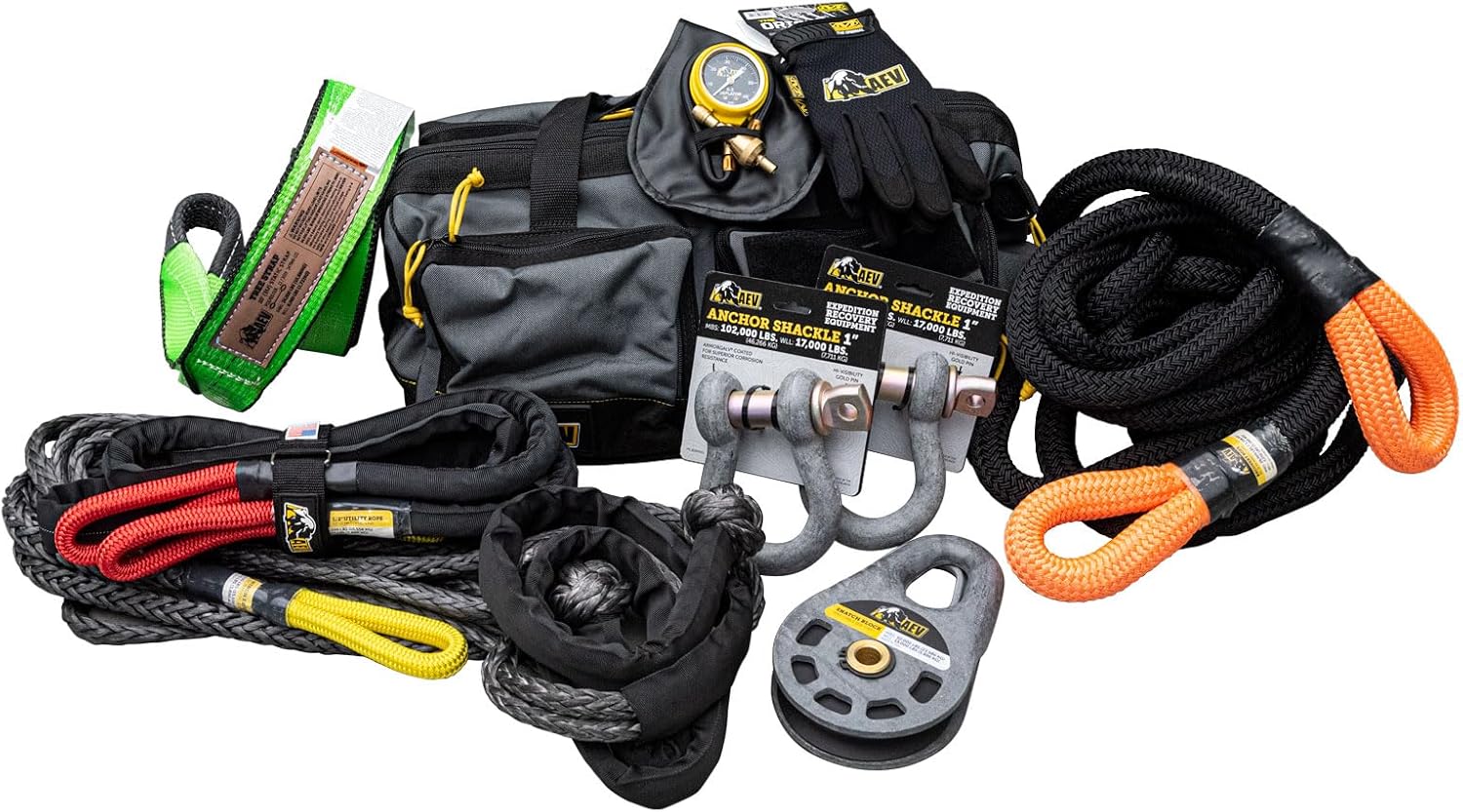 AEV Full-Size Expedition Recovery Kit for Full Size Trucks & SUVs Includes 4" Recovery Strap + Kinetic Recovery Rope + Winch Extension Rope + Snatch Block + 1/2" Soft Shackles + More