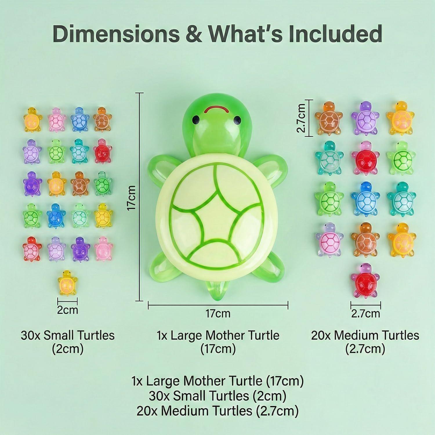 Famille de tortues lumineuses XXL : 1 x grande tortue mère (17 cm, avec compartiment de rangement) + 50 x mini tortues phosphorescentes – Décoration en résine résistante aux intempéries pour