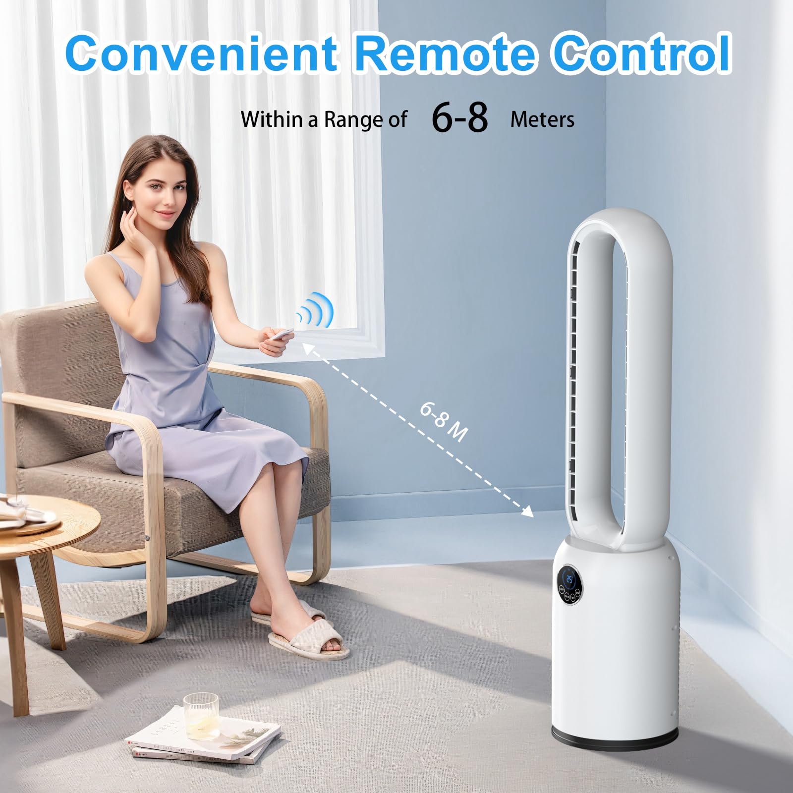 YAZEKY Ventilatore Senza Pale,Ventilatori a Torre Silenzioso 24 Velocità, Timer 12 Ore, Oscillazione 90°, Display LED e Telecomando, Portatile per Camera da Letto, Casa e Ufficio (white)