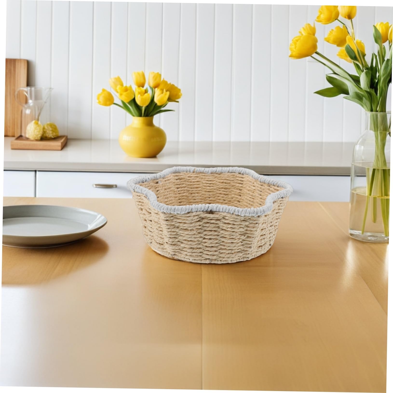 Cesta de Almacenamiento Tejida Mano Trenzado Organizador Decorativo de Imitación Ratán para Escritorio Sala Cocina y Baño Cesta Multiusos para Frutas y Snacks
