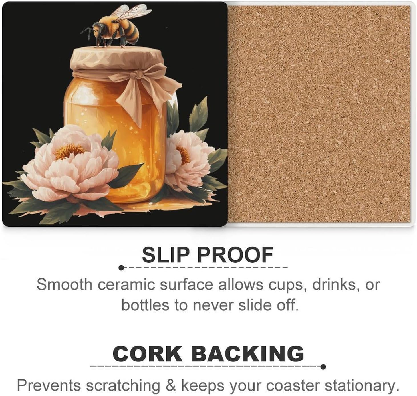 Bee Peonies Flowers Ceramic Coasters Square Drinks Coaster Coffee Table Decor Table Coaster for Home Bar