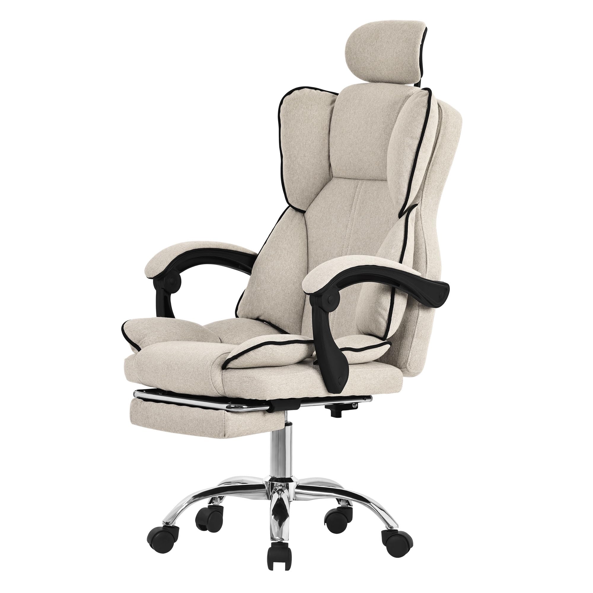 ML-Design Silla de Ordenador Beige Ergonómica Regulable en Altura con Respaldo Alto Asiento Gaming Giratorio con Reposapíes, Cojín y Reposacabezas Mueble de Oficina con Función Balancín