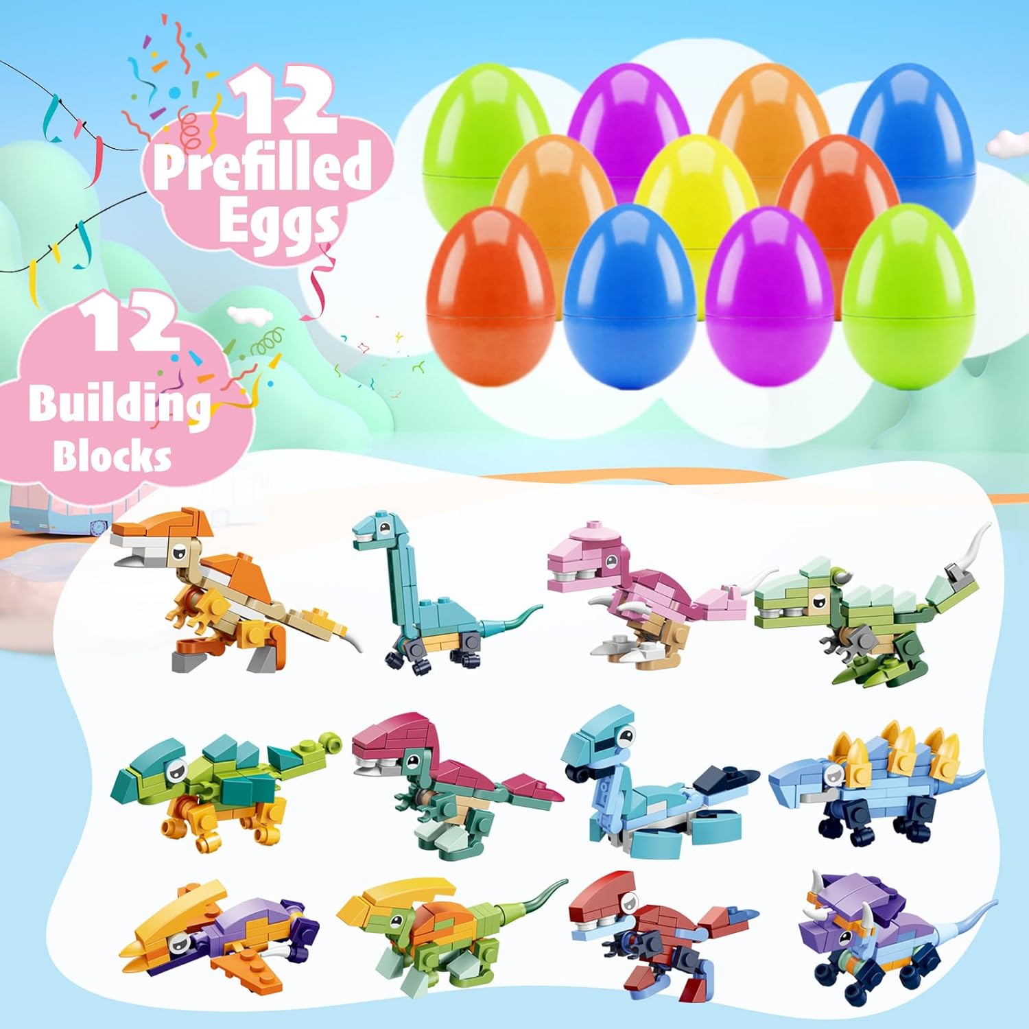 12 PCS Prefilled Easter Eggs with Dinosaur Building Toys, Easter Basket Stuffers Gifts for 3-12 Year Old Kids Toddlers,12-in-1 Dinosaur Block Sets, Party Favors Classroom Prize Supplies