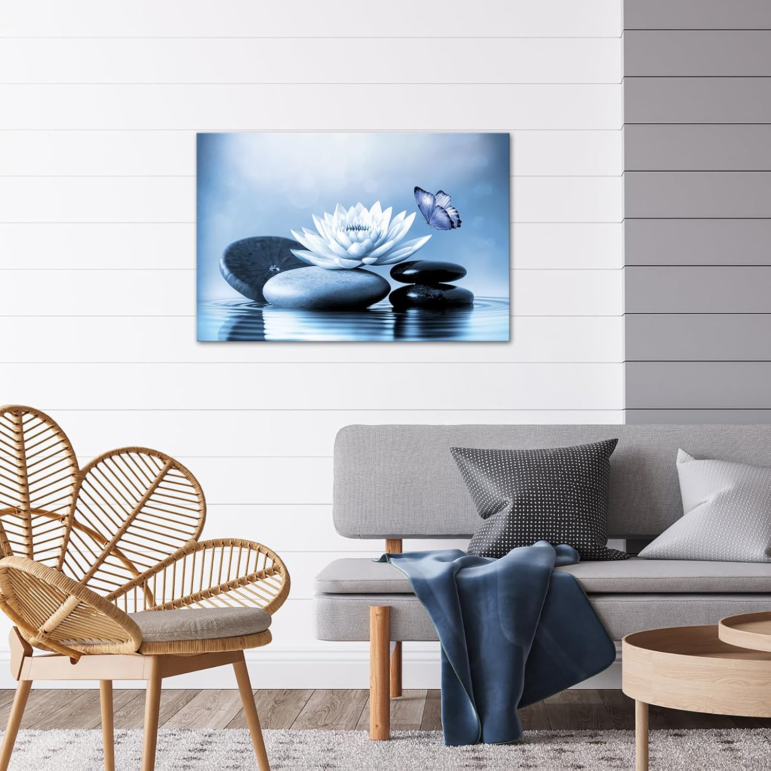 VANSEEING Zen Canvas Wall Art Blue Lotus Flowers Stones Butterfly on Water Lily Pictures Calming Modern Artwork Painting Spa Bathroom Wall Decor for Yoga Studio Meditation Living Room 24"x36"