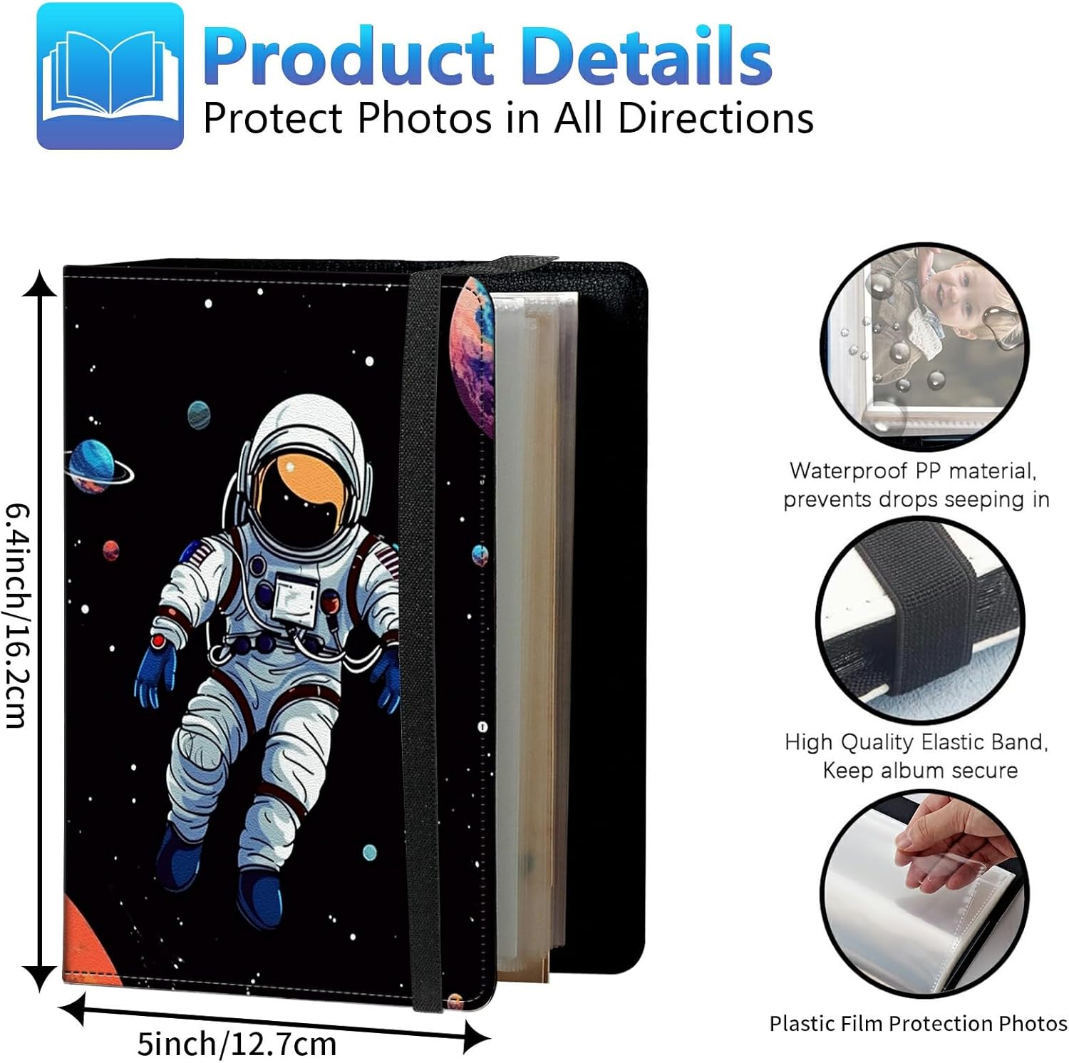 Photo Album 4x6 120 Photos Small Capacity PU Leather Cover, Astronaut in Outer Space Mini Photo Album 4x6 with Elastic band, Birthday Christmas Photo Albums Wedding Anniversary