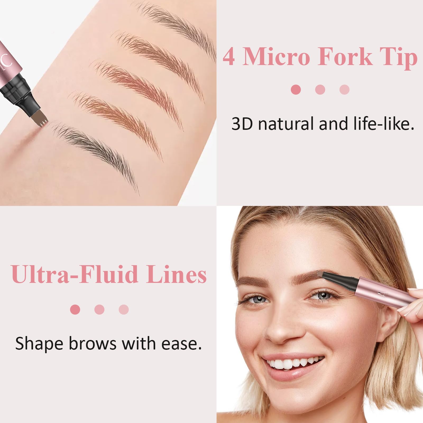 Lápiz de cejas Microblading impermeable 3D, 4 puntas de microtenedor para efecto similar al cabello, bolígrafo mágico de tinte de cejas para maquillaje de cejas de aspecto natural, fácil de usar, a 3