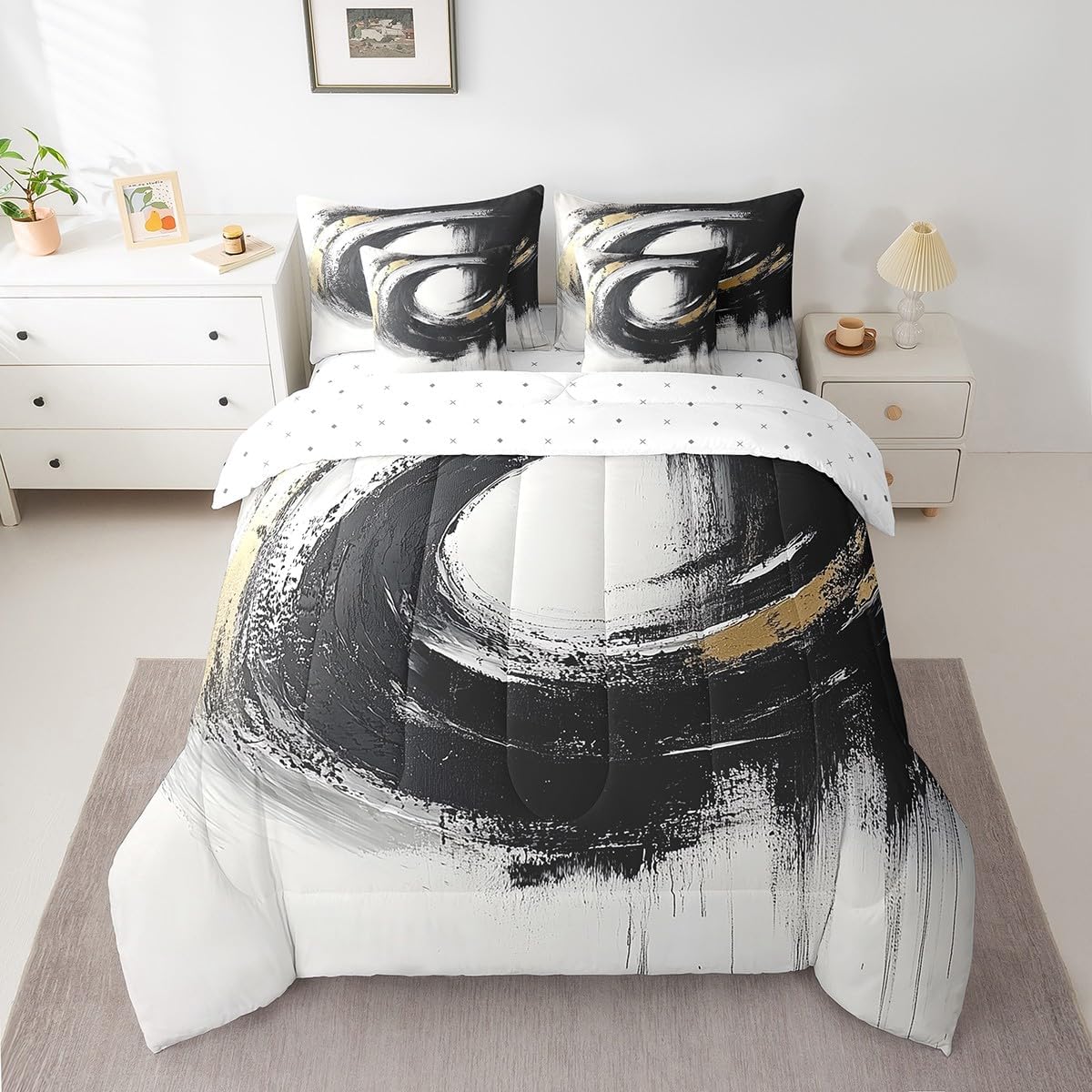 Feelyou Kids Black Gold 7 Piece Bedding Set Queen Size Geometric Abstract Art Comforter Set with Sheets for Boys Girls Modern Abstract Bed in a Bag