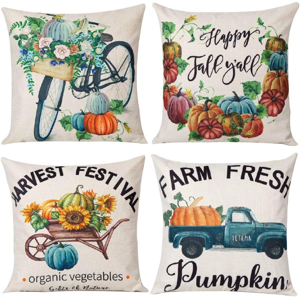 YUESUO 4pcs Fall Throw Pillow Covers 18x18 Inches Pumpkin Thanksgiving Farmhouse Decorative Autumn Pillowcase Cotton Linen Cushion Case for Home Decor