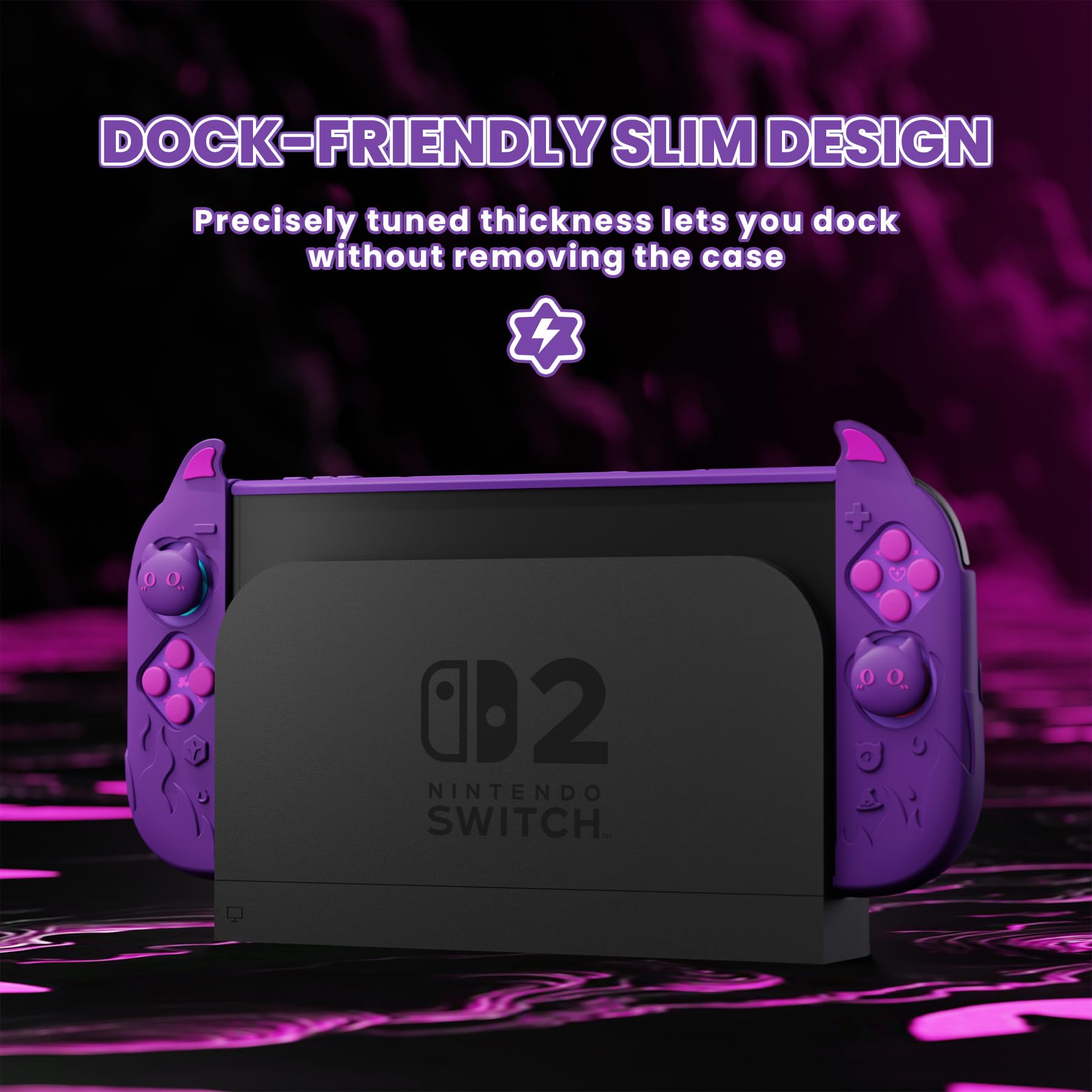 PlayVital Cute Demon Protective Shell for Nintendo Switch 2, Kawaii Anti-Slip Silicone Grip Cover + Dockable Hard Case for Nintendo Switch 2 with Thumb Grips & Sticker, Shockproof - Purple - 2