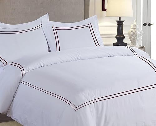 Miniatura 7 de BedDecor Lujoso juego de funda de edredón de algodón egipcio de 400 hilos, 3 piezas, bordado con hermoso bordado de 2 rayas (rosa fuerte,