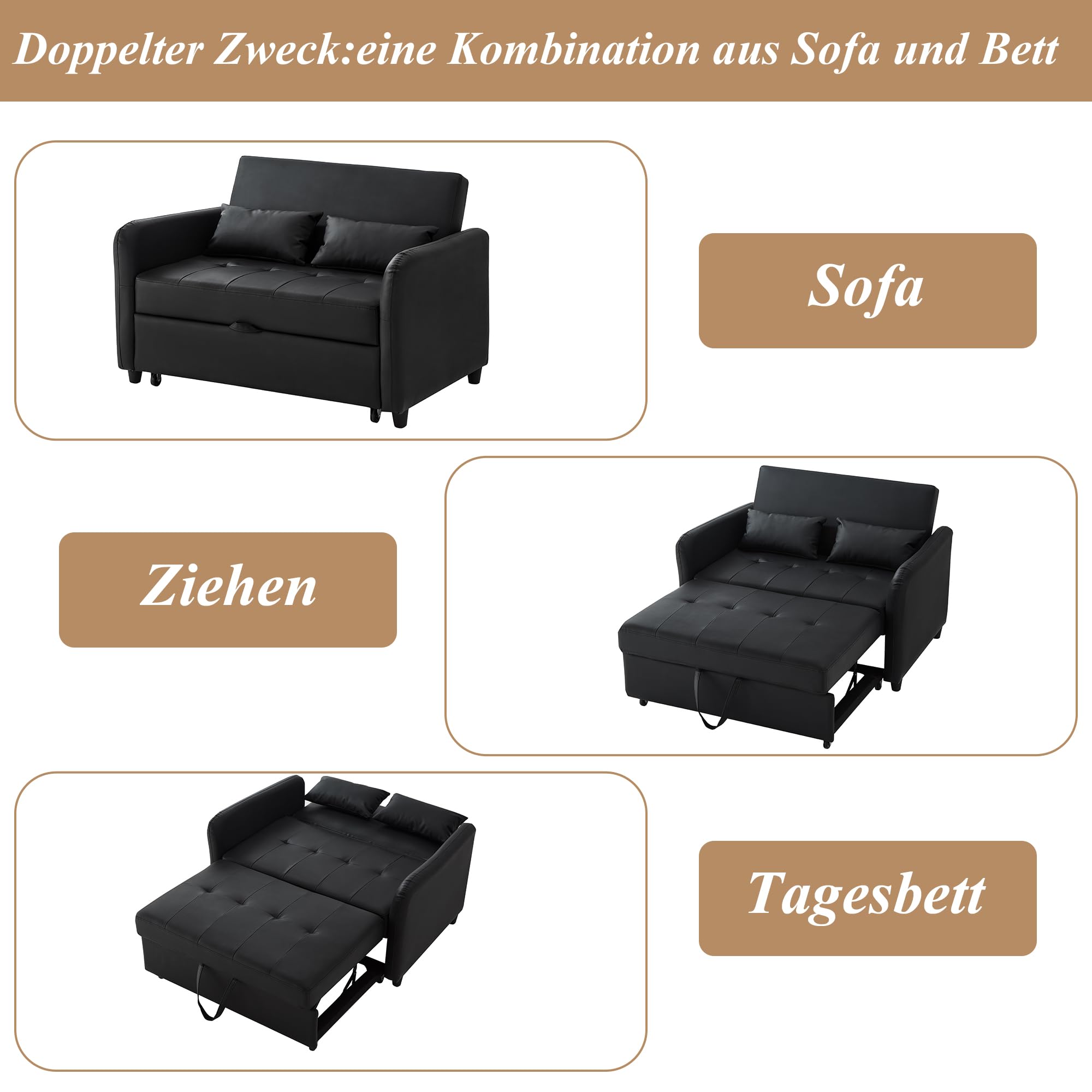 Zepneiy Canapé Convertible 2 Places avec Dossier réglable sur 3 Niveaux, Canapé Lit Noir pour Salon Villa