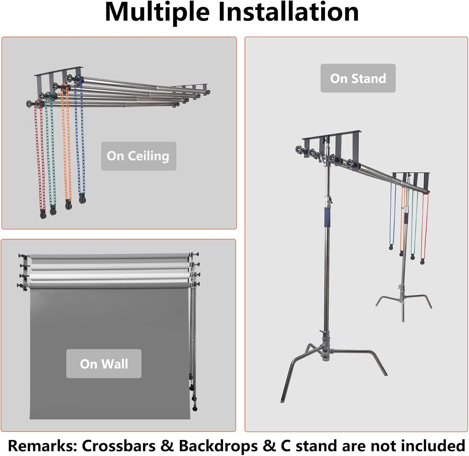 Photography Backdrop Roller Support System, 4 Rollers, Wall/Celing/Light Stand Backdrop Mount, Background Support
