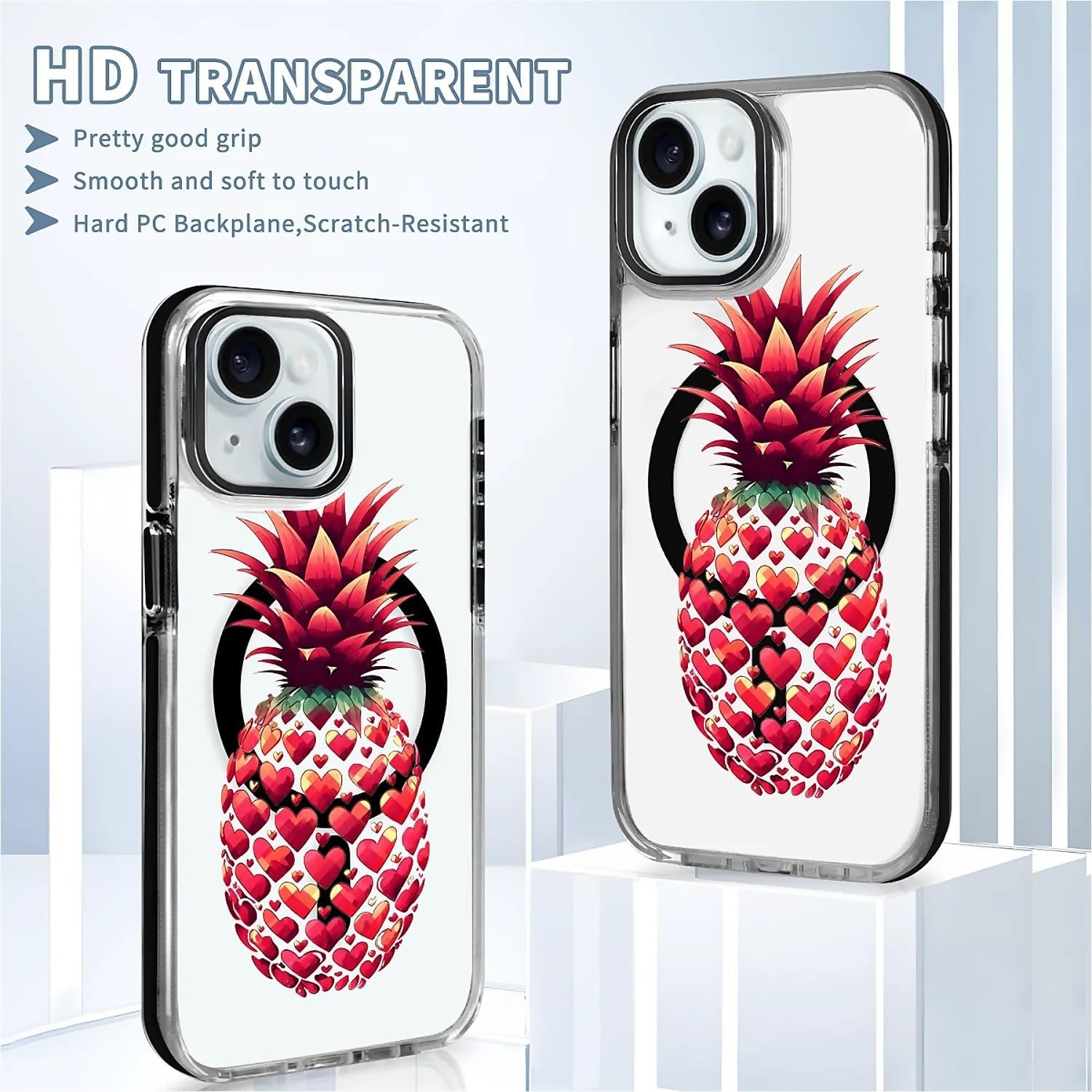 Compatible with iPhone 15 Black Case for MagSafe,Clear Classic Hybrid Magnetic Scratch Resistant Back Drop Protection Red Heart Colorful Pineapple Case image 3