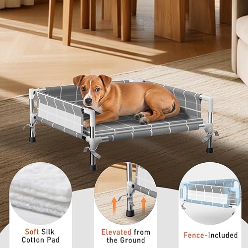 Miniatura 4 de Cama elevada para perros con valla de tres lados y cojín extraíble, patas antideslizantes, diseño estable, fácil montaje, relajación en interiores y