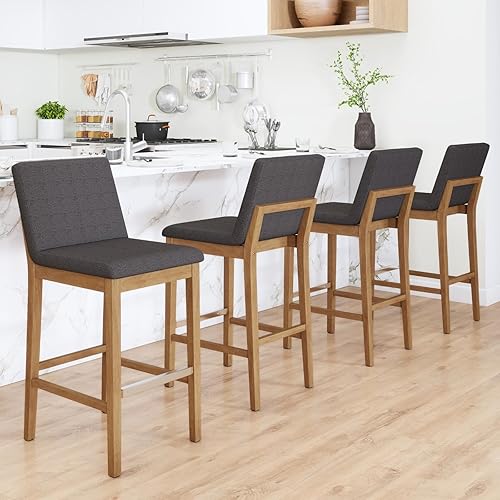 Miniatura 8 de chairus Juego de 2 taburetes de bar altos de tela, taburetes de bar tapizados de lino con patas de madera maciza y respaldo para cocina, isla de