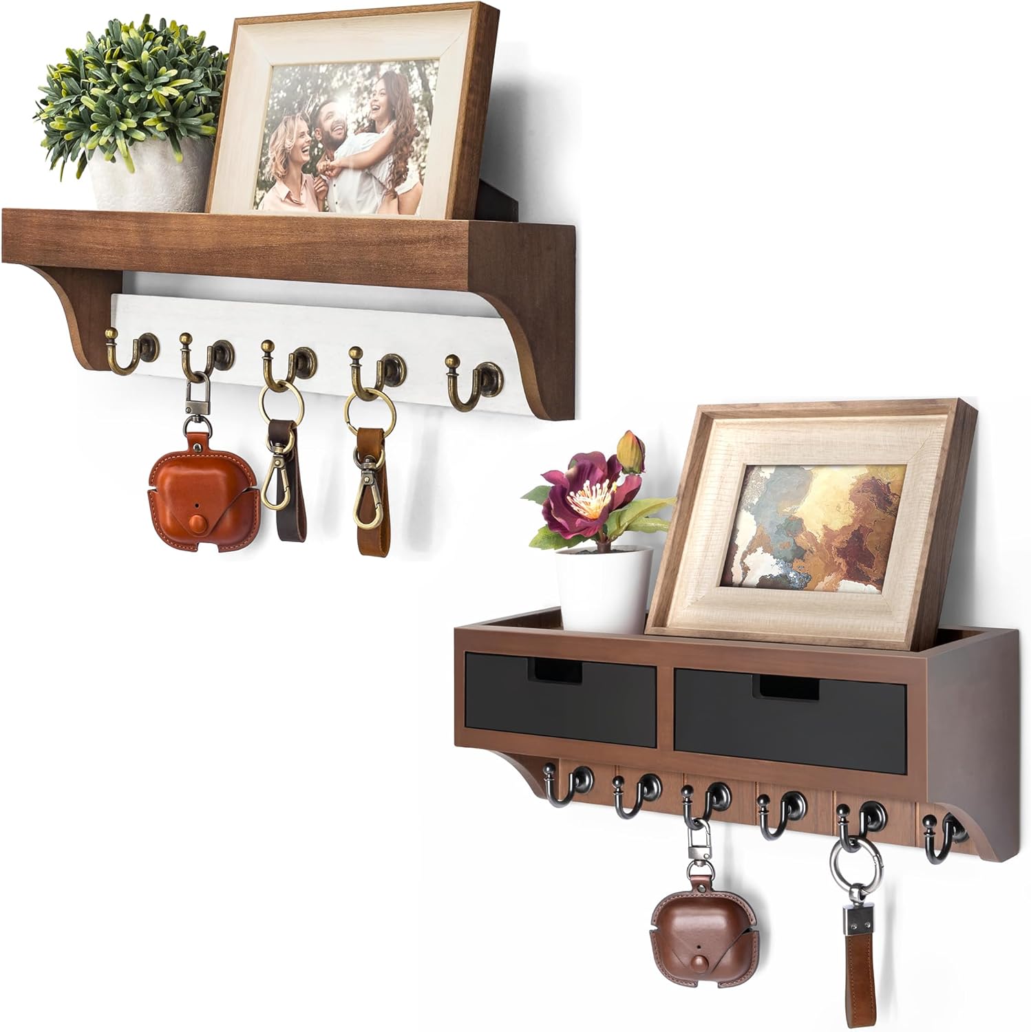 Farmhouse Key Holder Wall Mount Set - Mail Organizer with Drawer Storage & Shelf - Dual-Color Rustic Design with Retro Hooks (Brown)