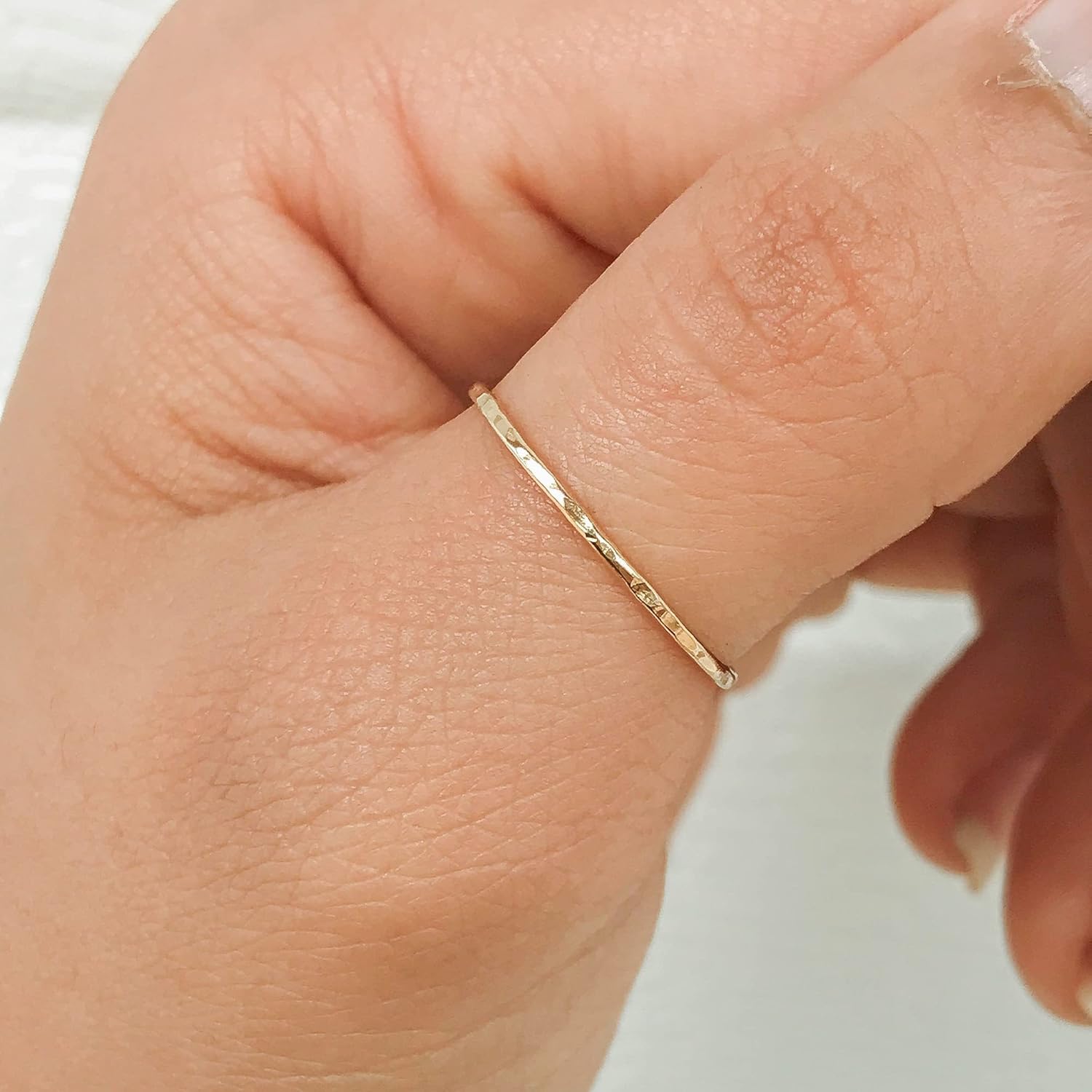 Ellie J Maui Hammered Ring, 1mm Thin Stacking Rings, Minimalist Rings for Women, 14K Gold Filled Rings for Teen Girls Midi Knuckle Pinky Finger Jewerly (Size 3-11)