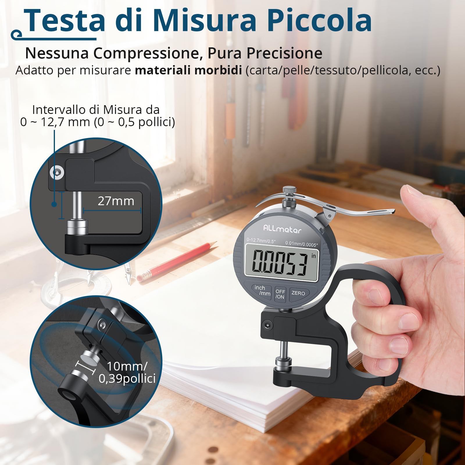 Calibro per Spessori Digitale 0-12,7mm/0-0,5" con Precisione di 0,01 mm/0,0005", Misuratore di Spessore Elettronico con Display LCD e Funzione Auto-Zero per Pelle, Carta, Tessuto