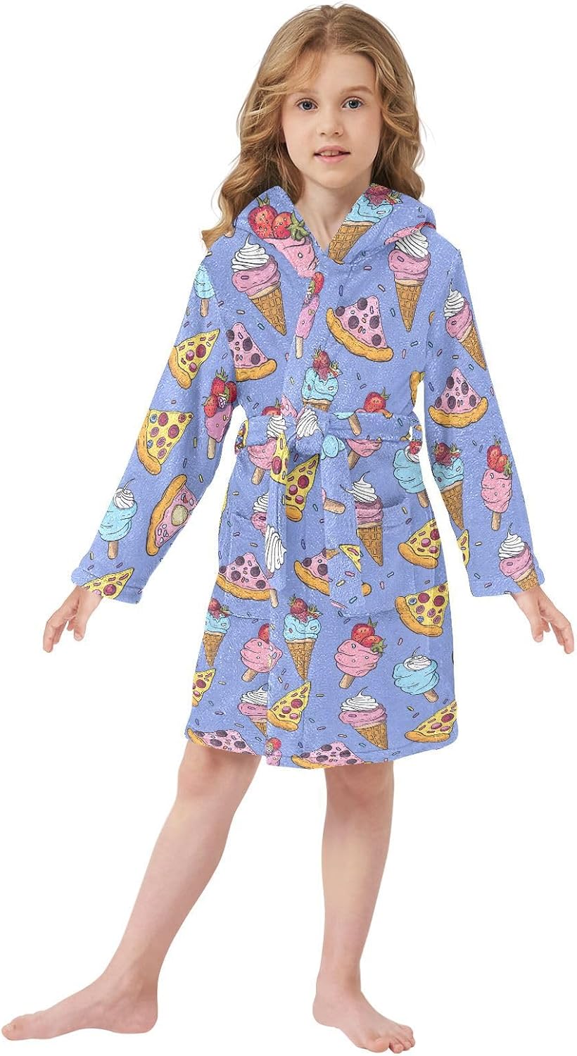 senya Ice Cream with Pizza Toddler Hooded Bathrobe Kids Soft Plush Bath Towel Robes for Boys Girls 2-12 Years