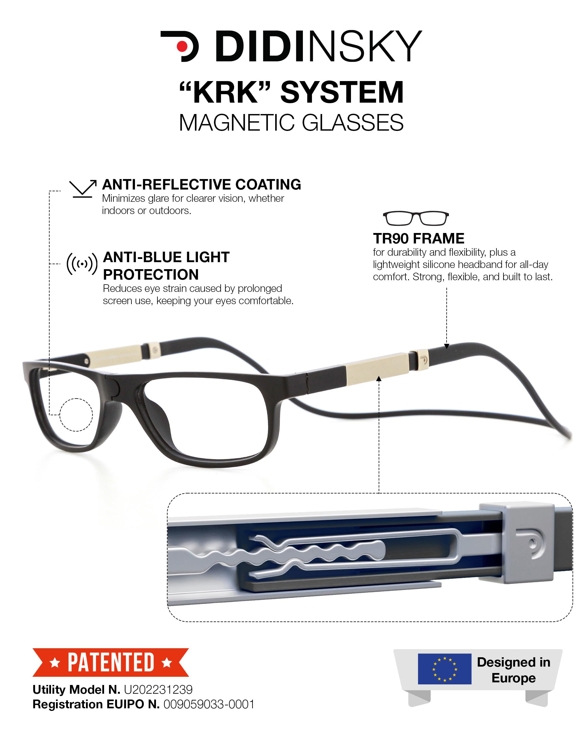 DIDINSKY Krik Occhiali da Lettura Magnetici, Anti Luce Blu | Chiusura magnetica frontale · Per leggere da vicino · Anti luce blu · Ingrandimento +1.0 a +3.0 · Custodia inclusa