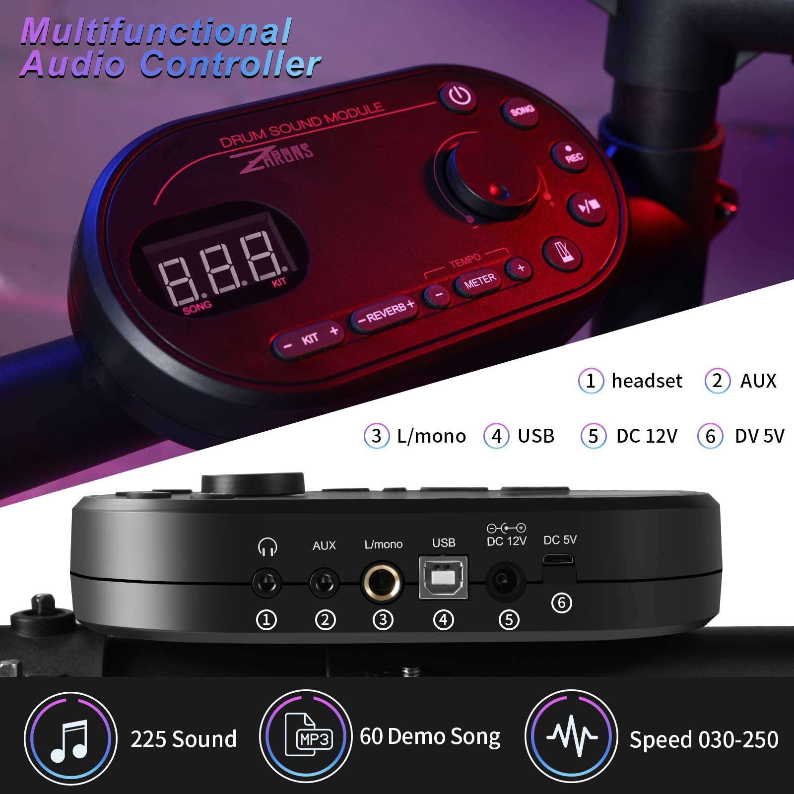 ZHRUNS Electric Drum Set Electronic Kit with 4 Drums 3 Cymbals,254