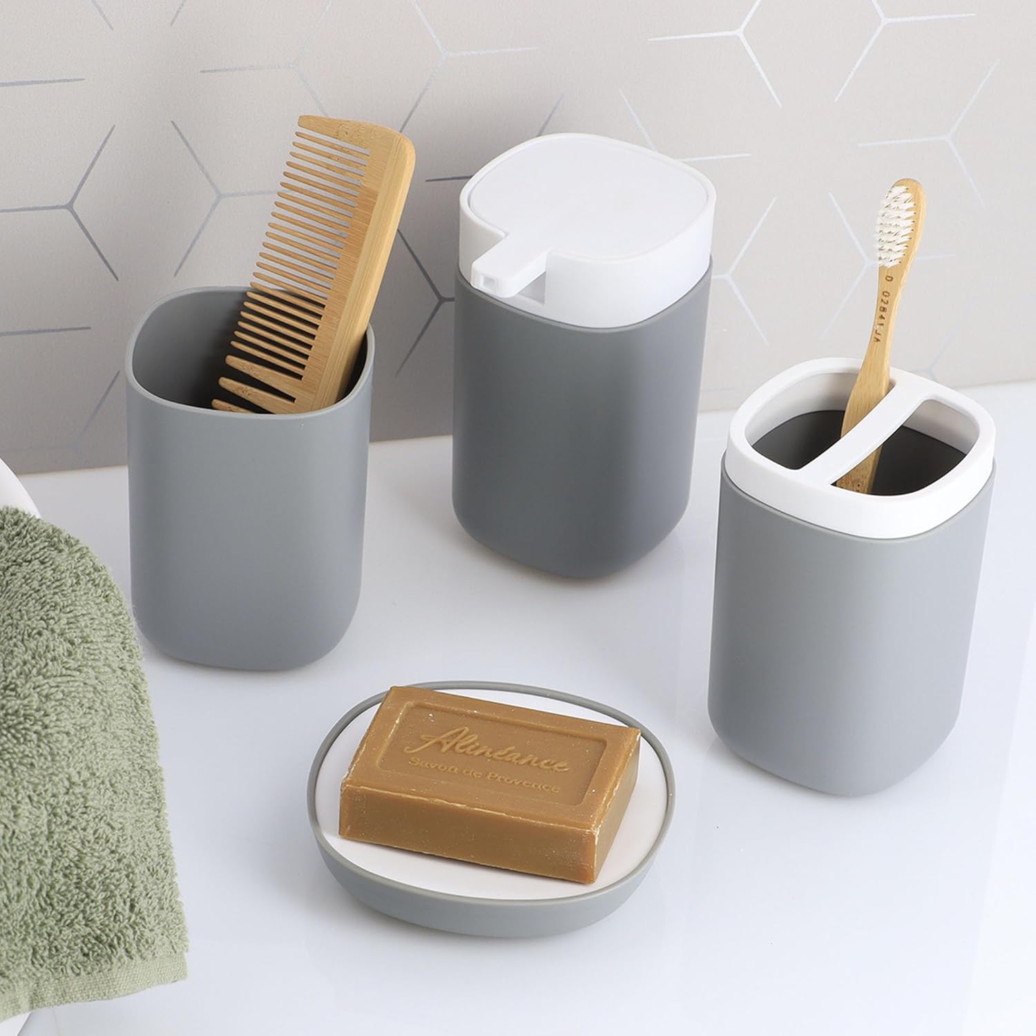 Trendy 6-Piece Bathroom Ensemble Set - Chic Matte Gray Finish with White Details, Features Waste Bin, Liquid Soap Dispenser, Toothbrush Cup, Tumbler, Toilet Brush Holder, Soap Tray